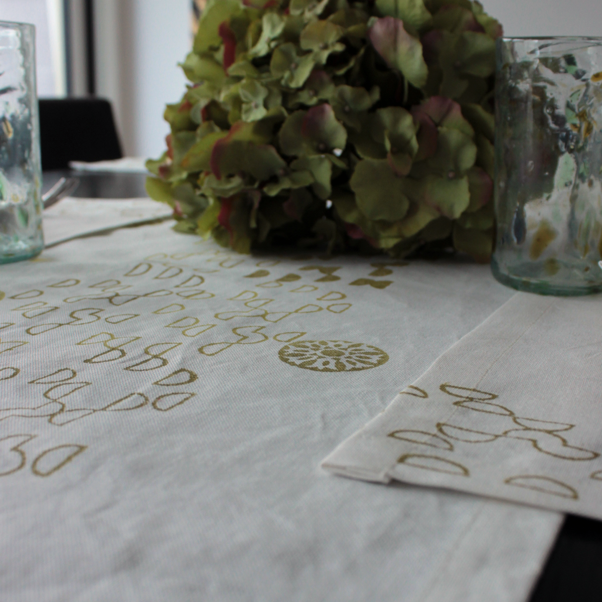 Half Circle Block Printed Linen Runner and Placemats in Ochre