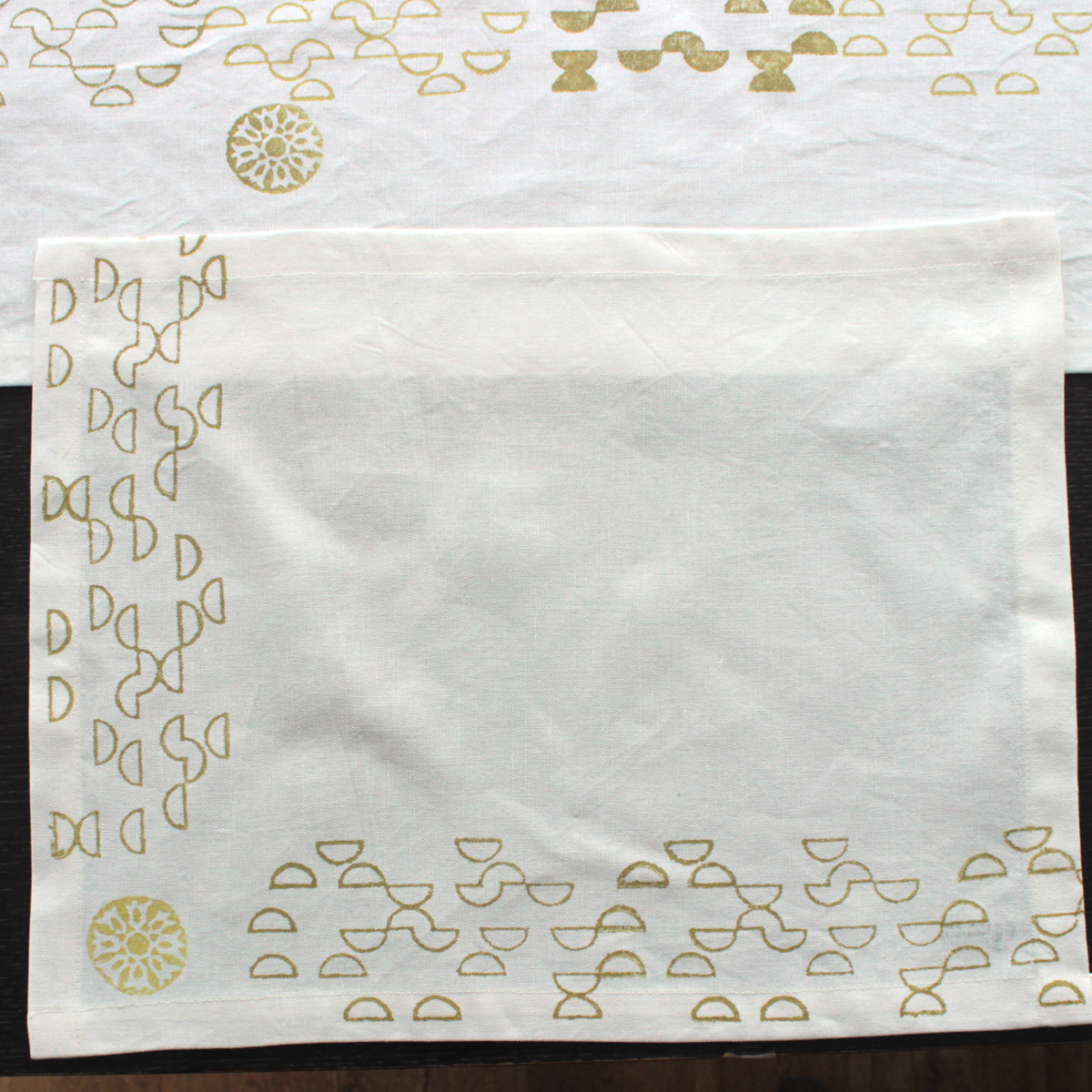 Half Circle Block Printed Linen Runner and Placemats in Ochre