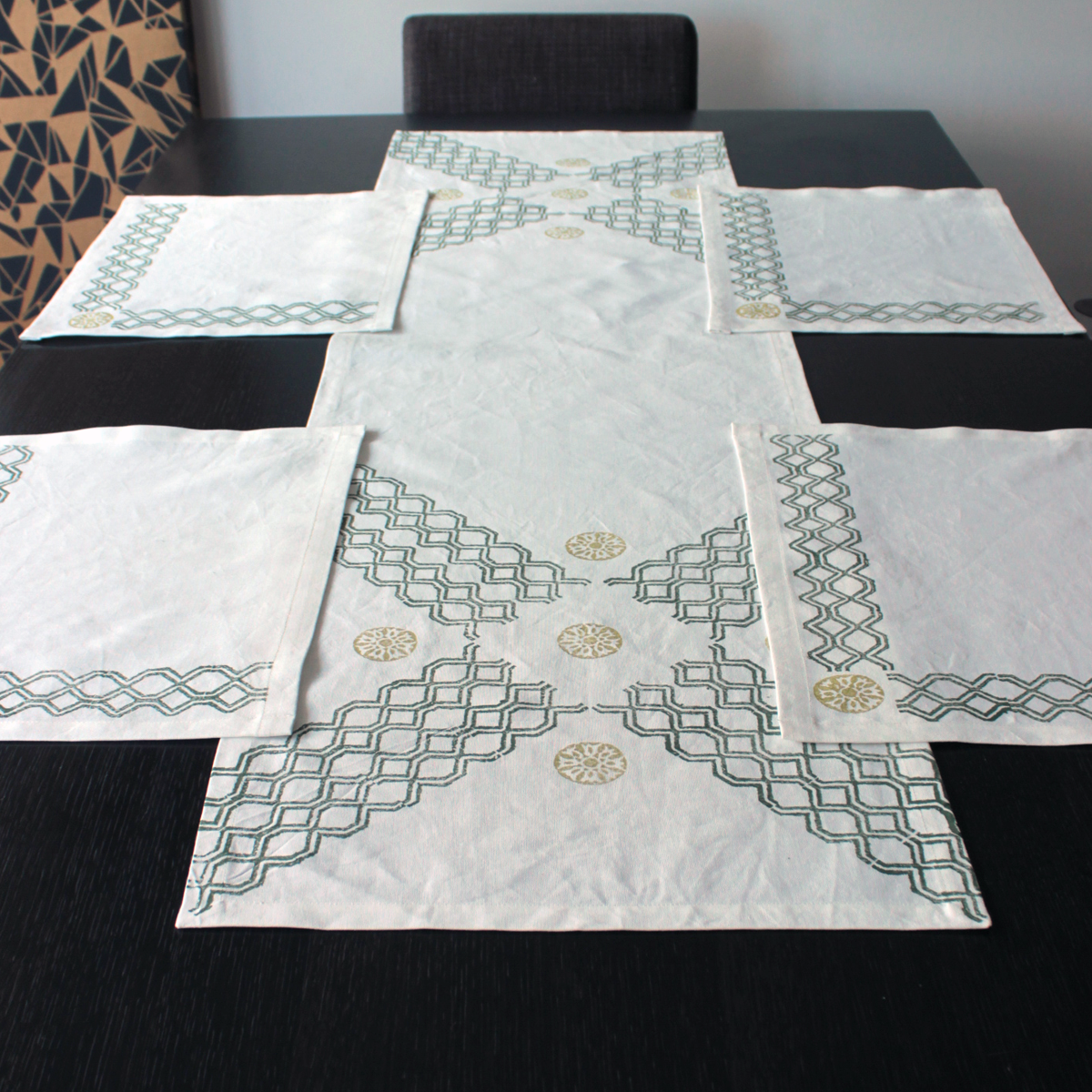 Country Chic: Linen Block Print Placemats and Runner for Table Decor