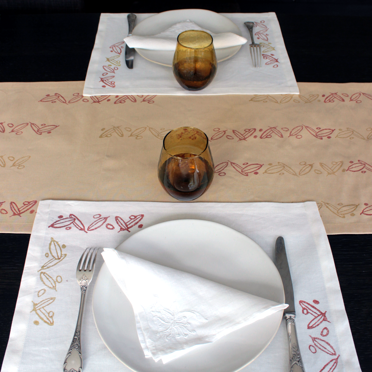 Mediterranean-Inspired Olive Block Print Linen Placemats and Runner