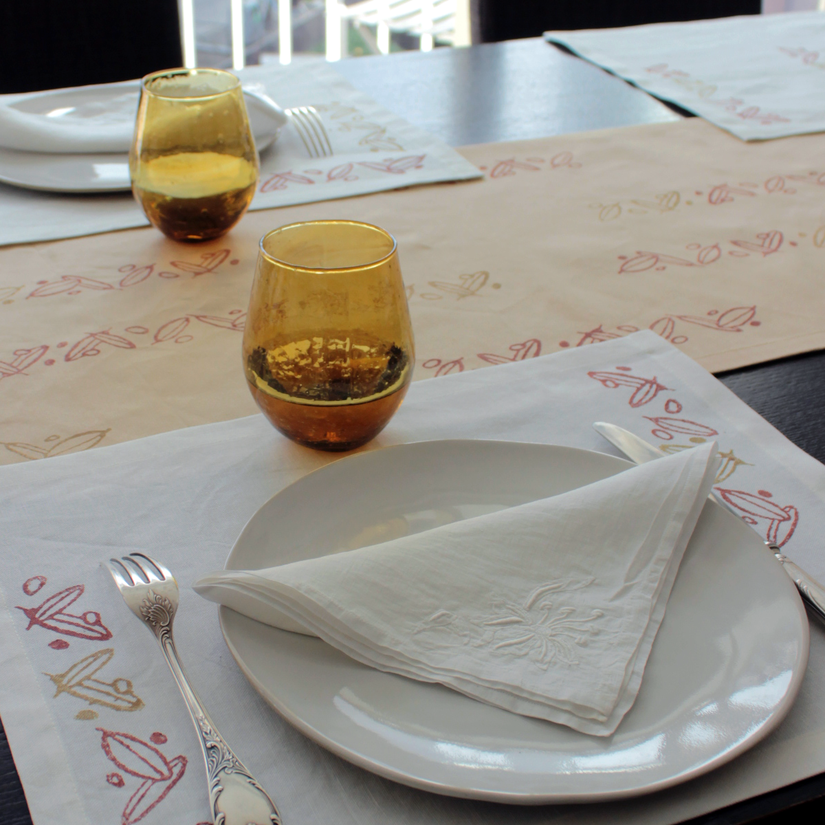 Mediterranean-Inspired Olive Block Print Linen Placemats and Runner