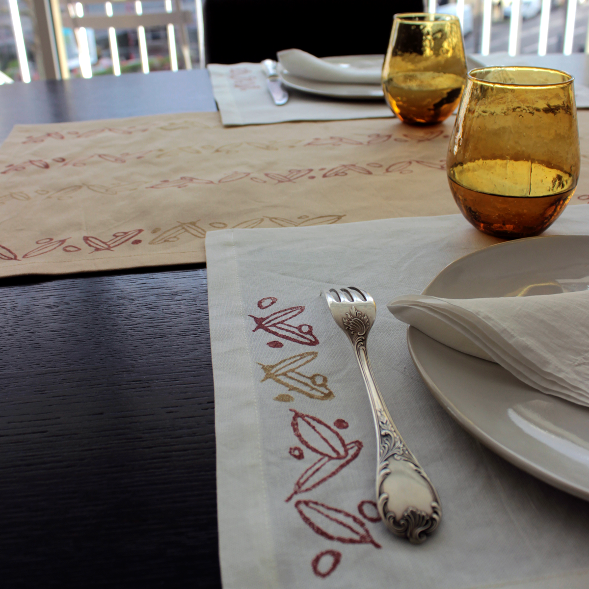 Mediterranean-Inspired Olive Block Print Linen Placemats and Runner Set - Rustic Table Decor in Terracotta and Ochre