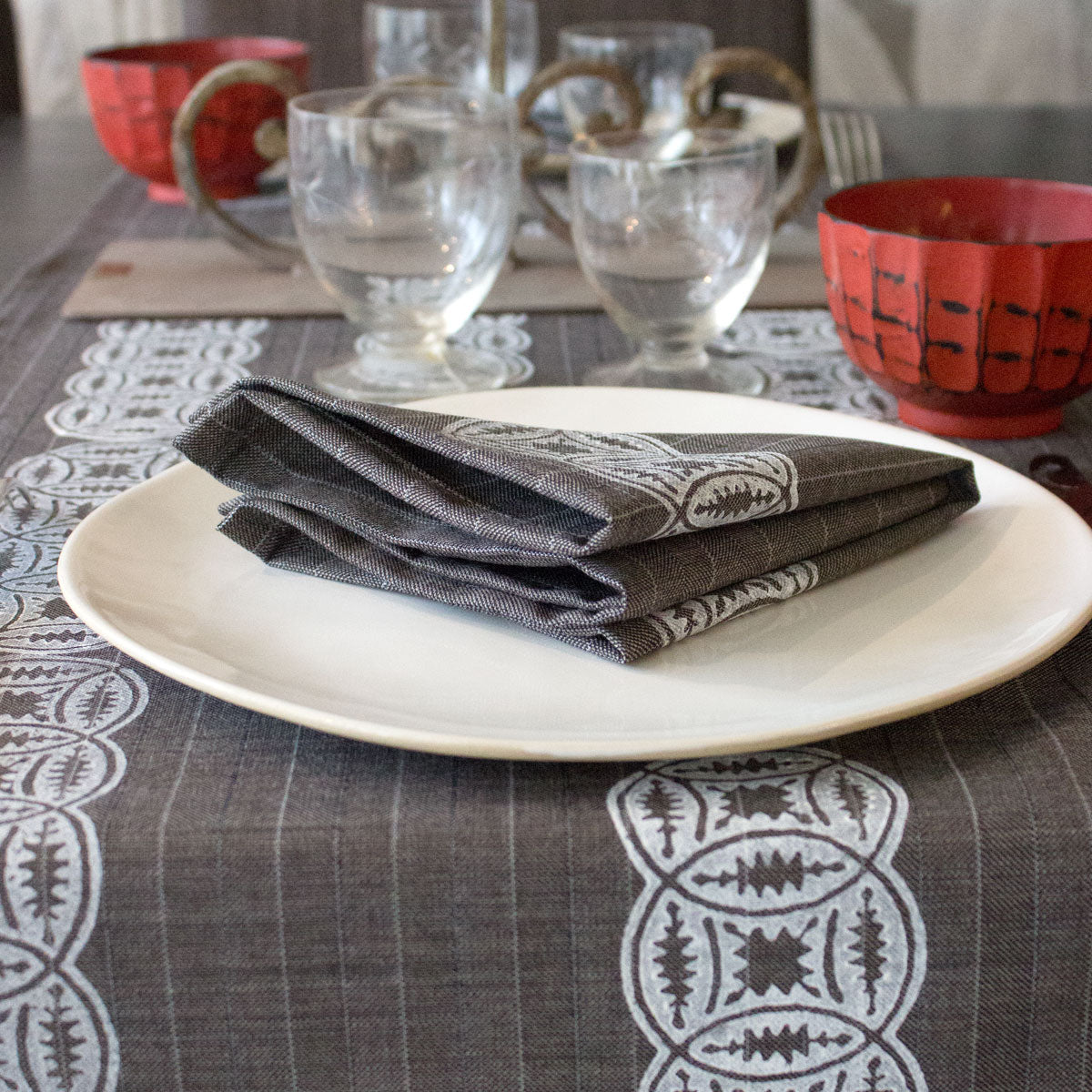 Italian linen block print grey runner