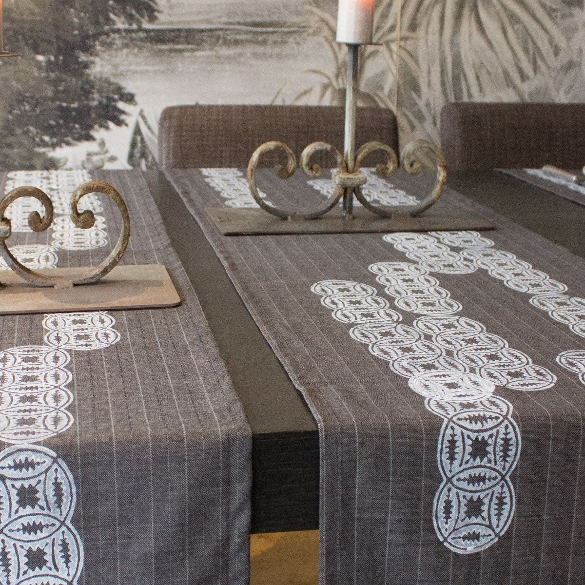 Italian linen block print grey runner