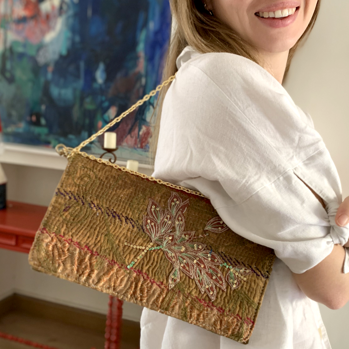 Upcycled Vintage Kantha Clutch with Bordeaux Embroidered Bouquet