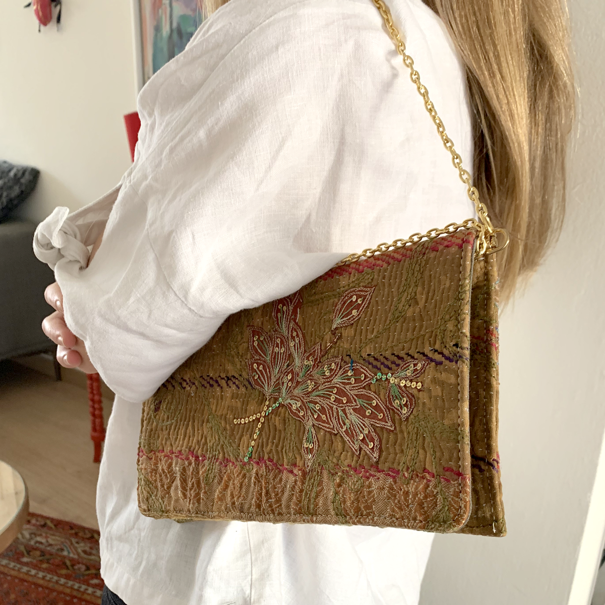 Upcycled Vintage Kantha Clutch with Bordeaux Embroidered Bouquet