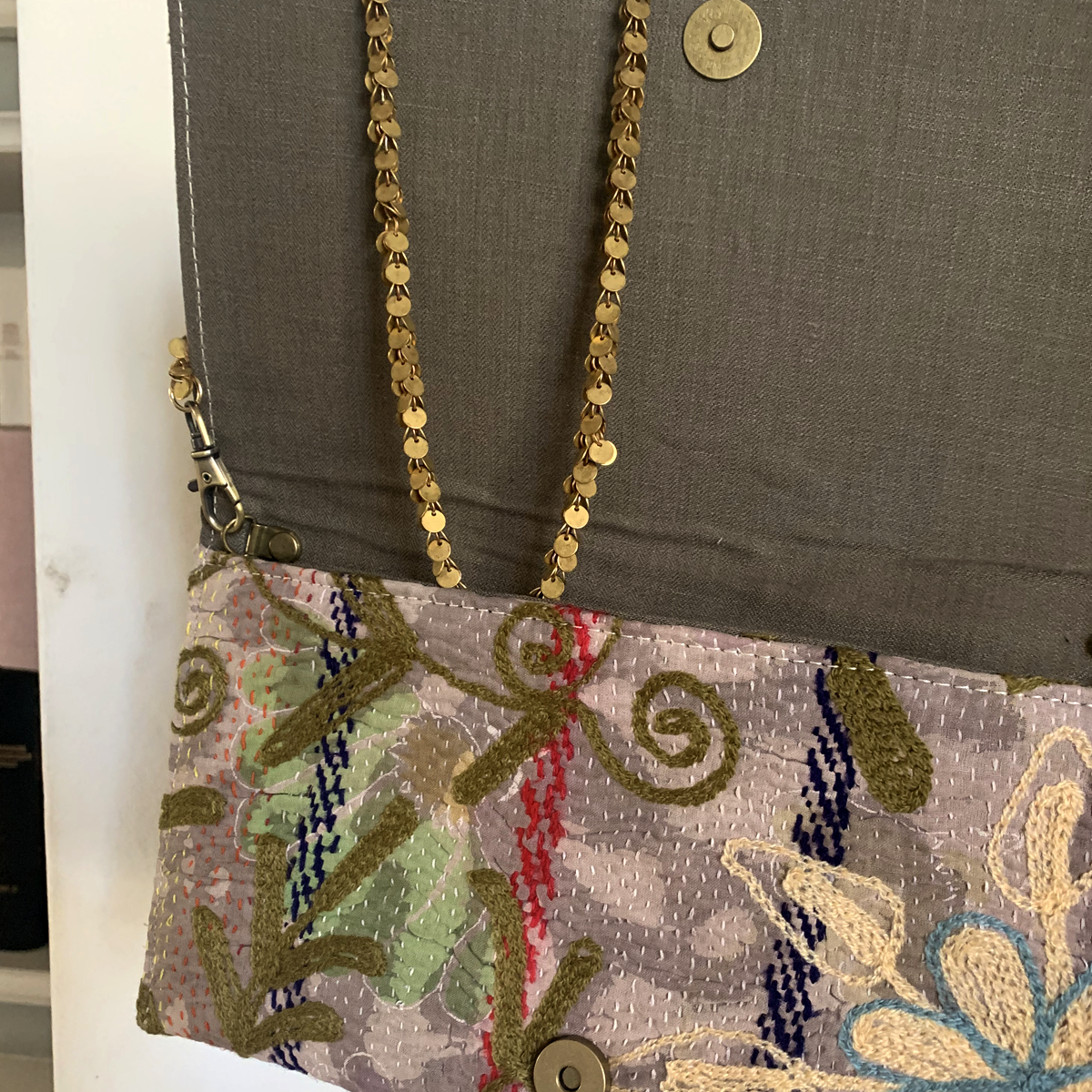 Joyful Vintage Fabric Clutch with Copper Disk Chain