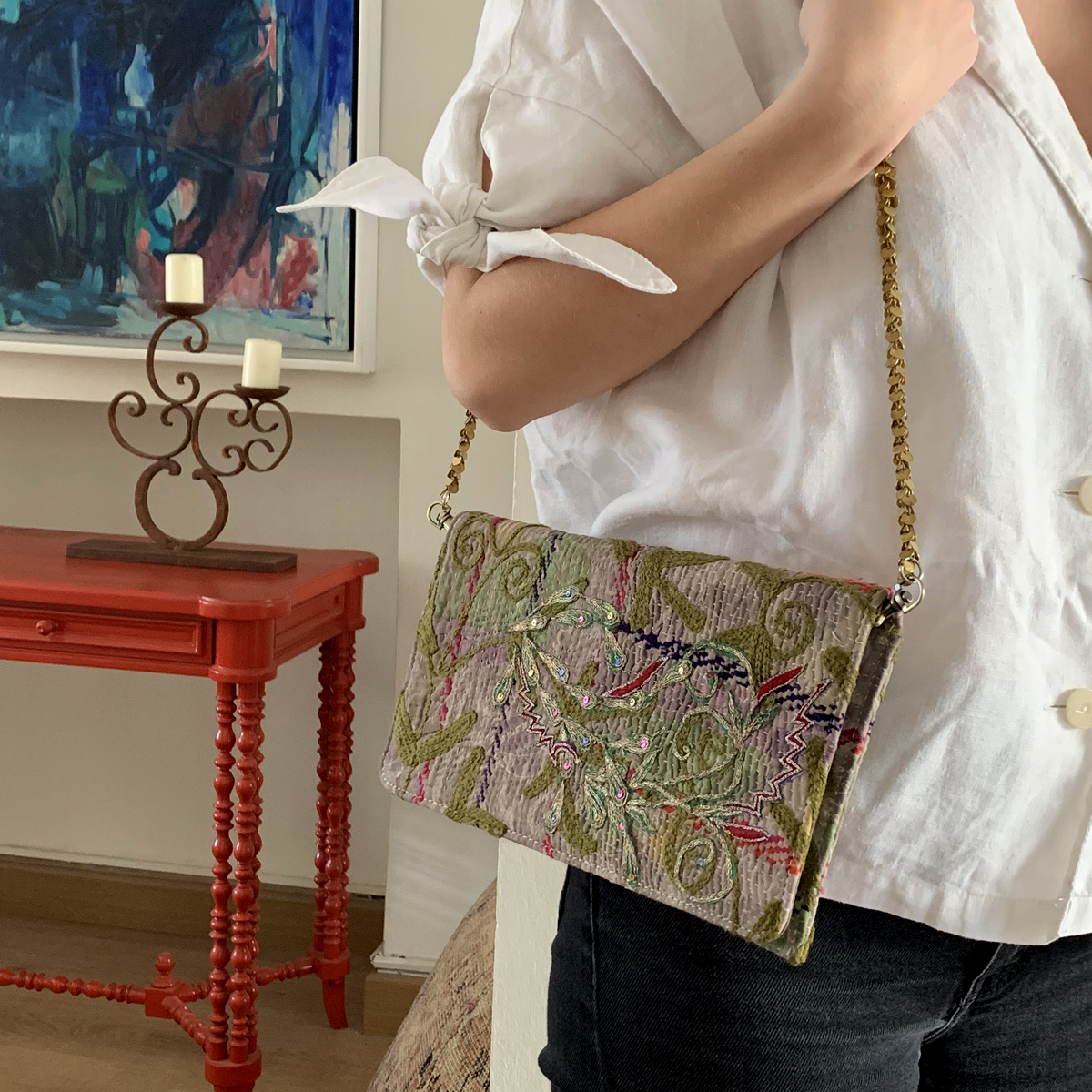 Joyful Vintage Fabric Clutch with Copper Disk Chain