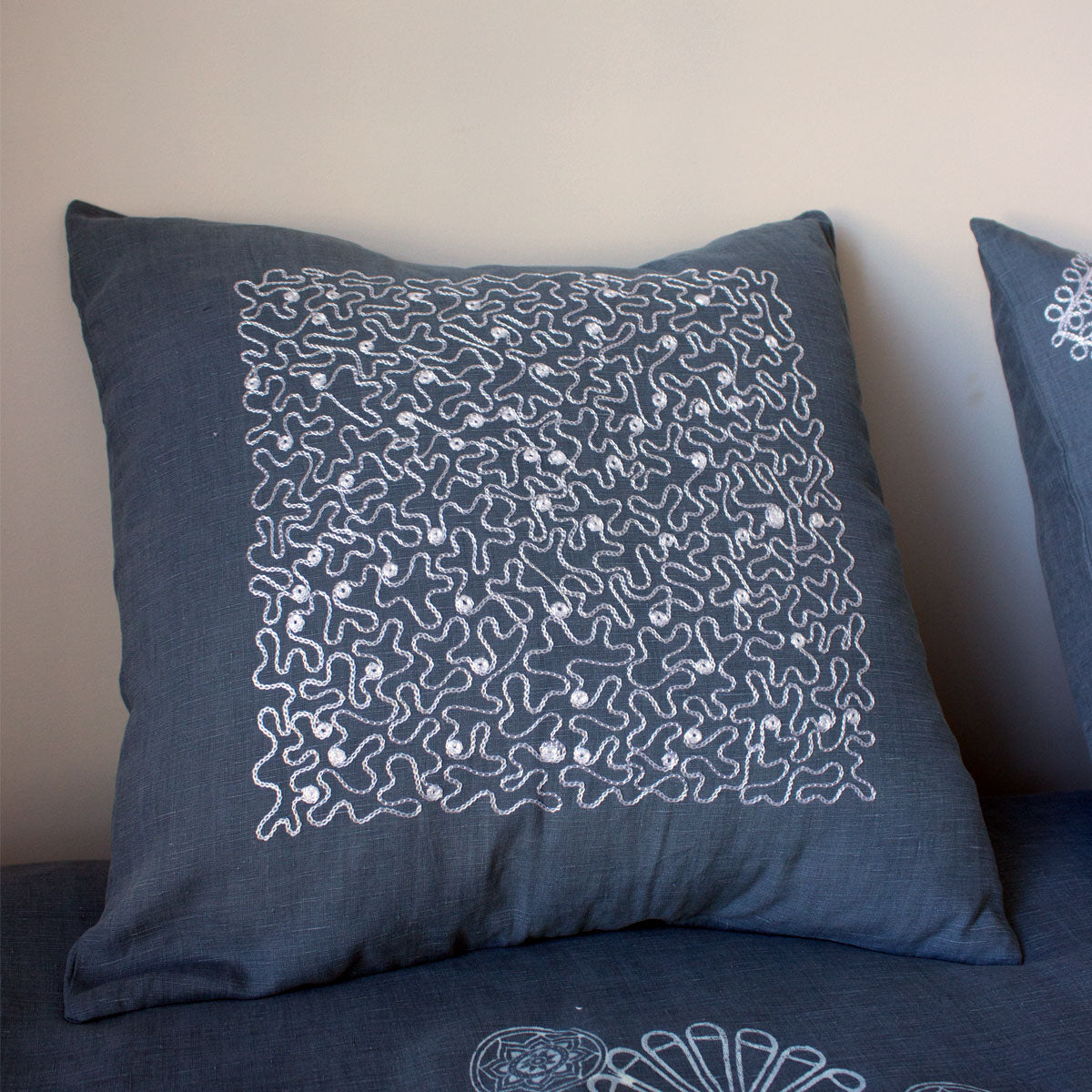 Embroidered linen pillow cover Scoubidou White or Turquoise
