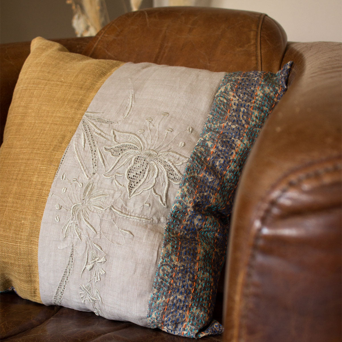 Vintage Kantha and linen square pillow cover