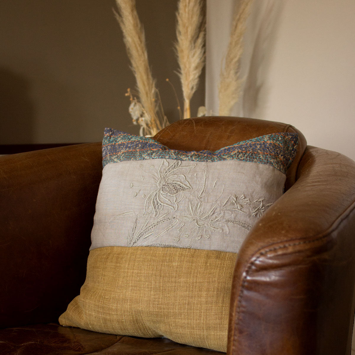 Vintage Kantha and linen square pillow cover