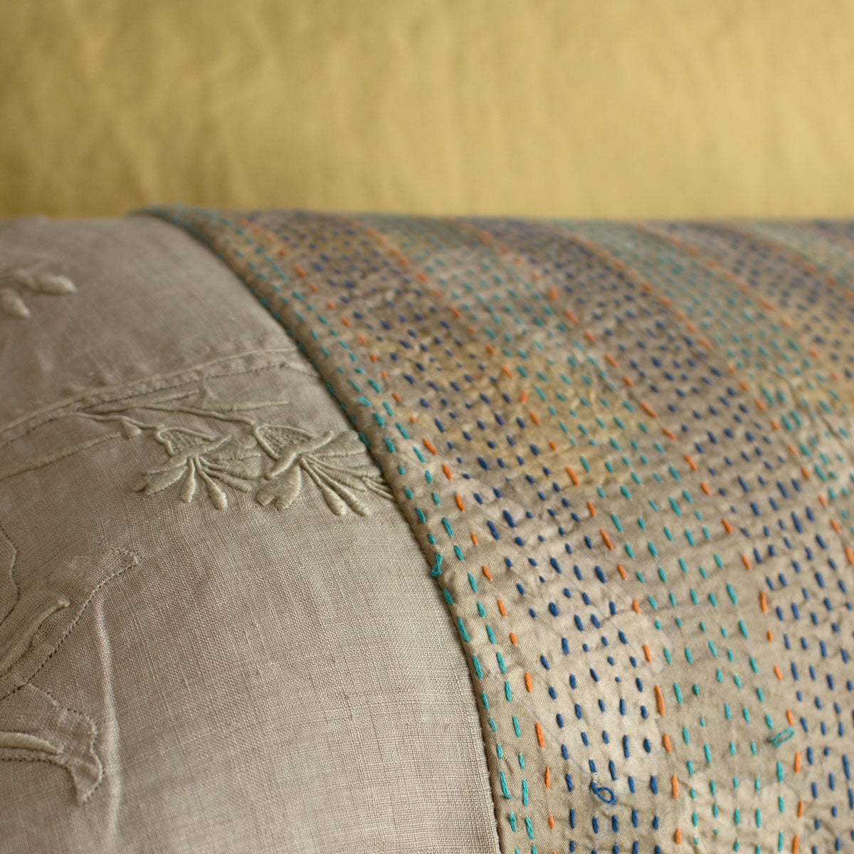 Lumbar throw pillow cover with vintage silk & linen