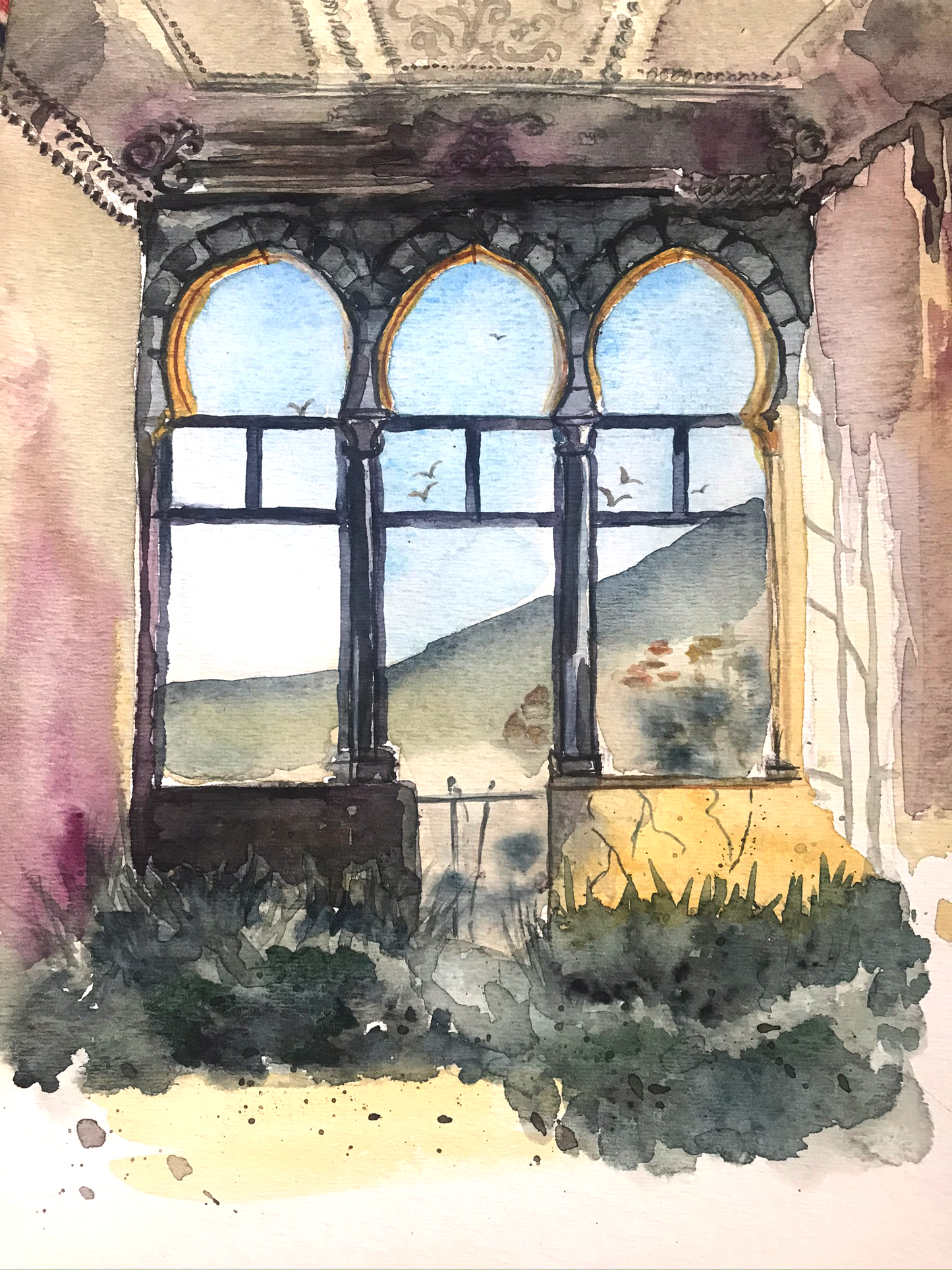 Original watercolor Les Hirondelles 22X30