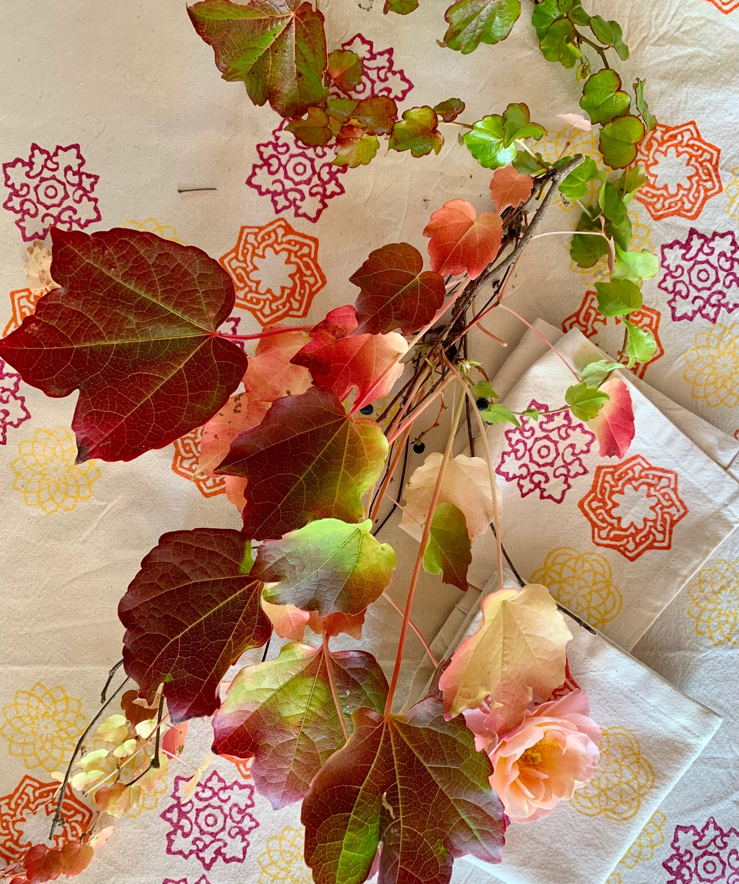 Cotton block print tablecloth Spring Fuchsia