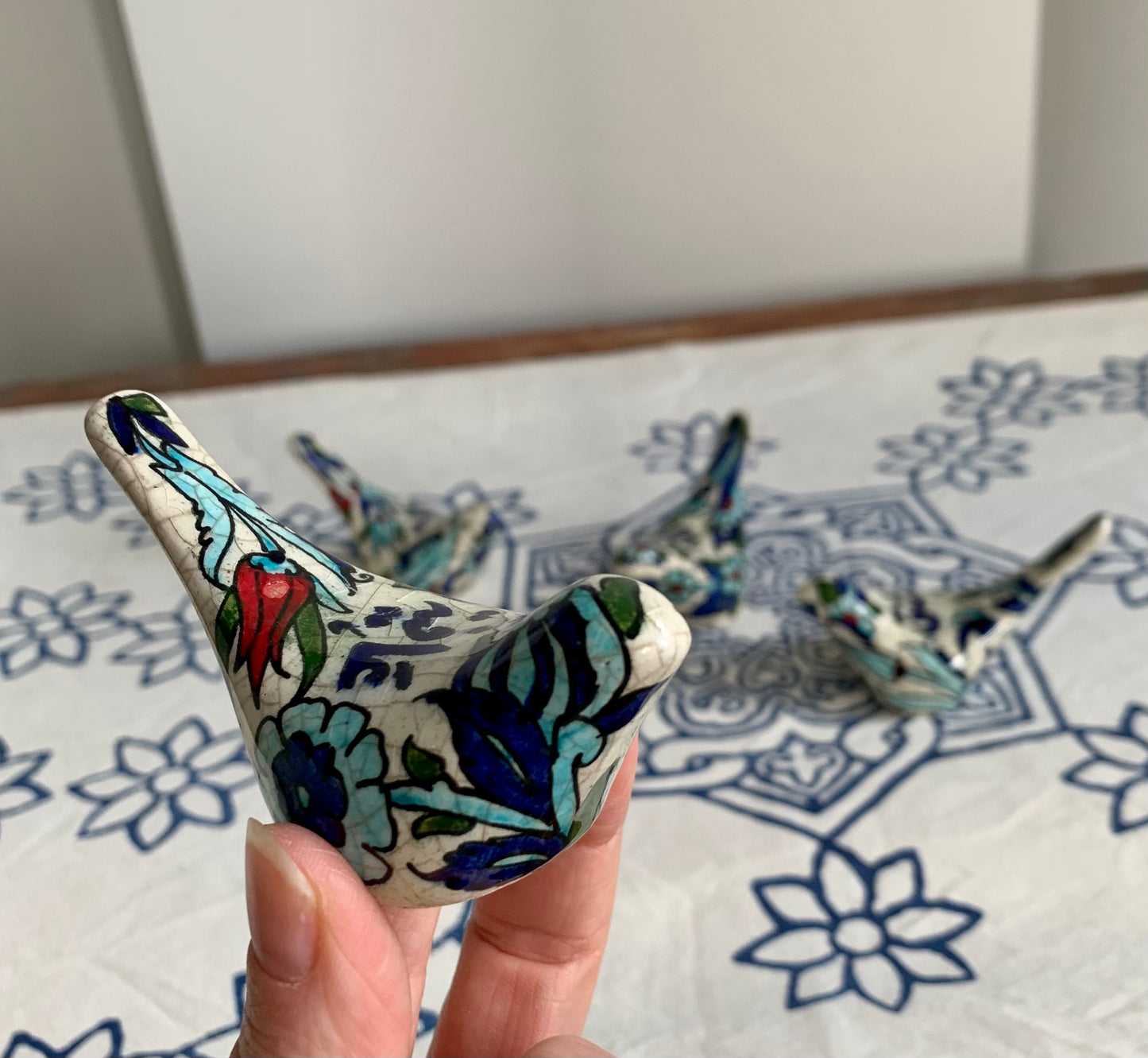 Set of 4 hand painted glazed ceramic mini birds