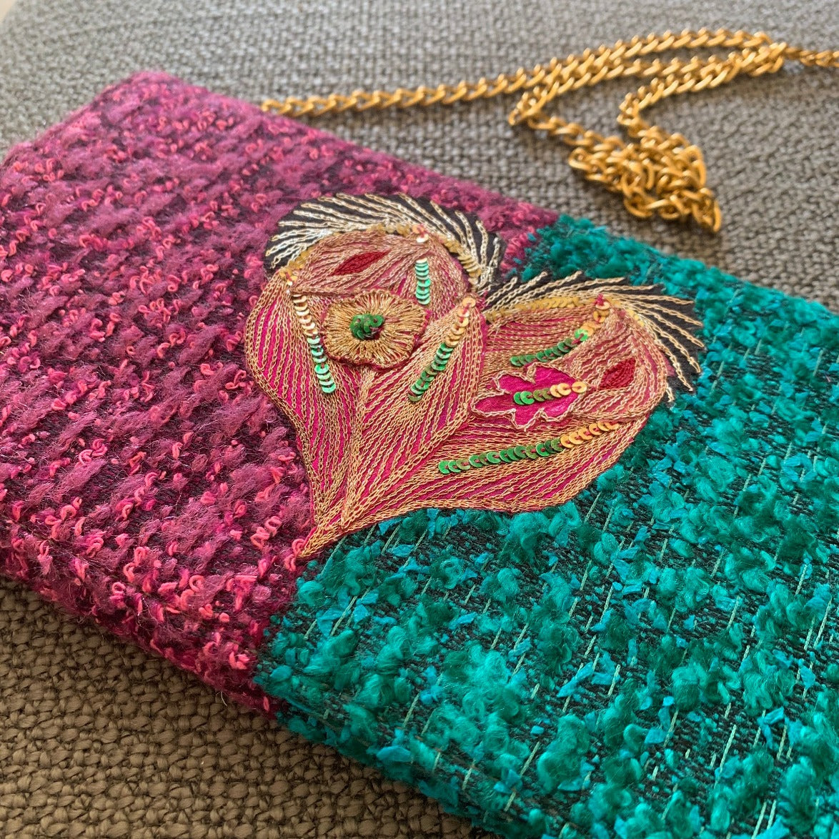 Vintage purple and emerald clutch with embroidered heart