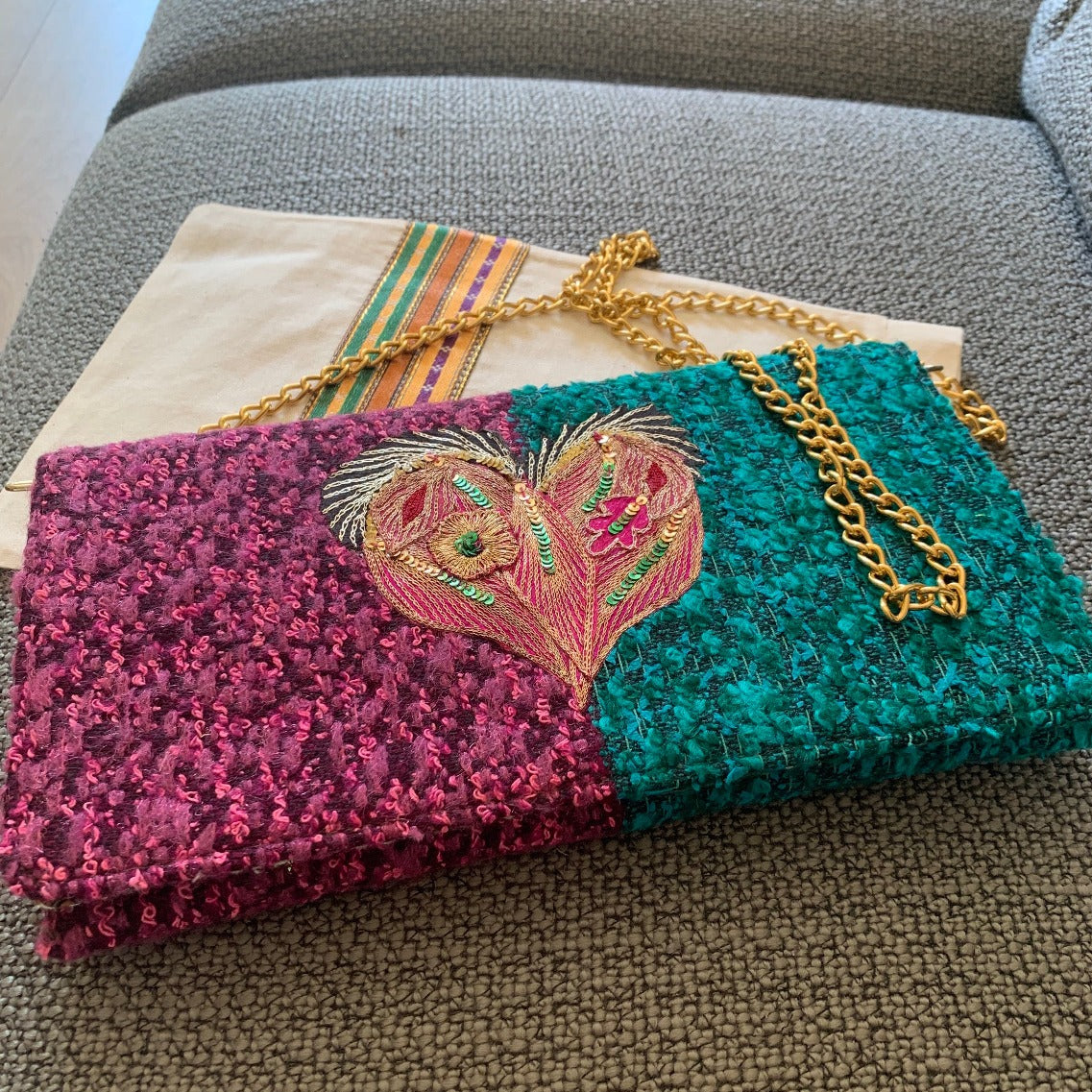 Vintage purple and emerald clutch with embroidered heart