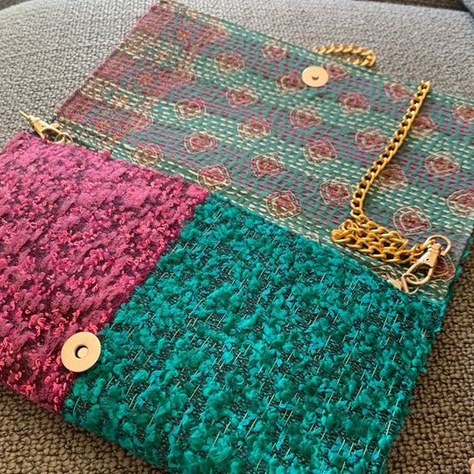 Vintage purple and emerald clutch with embroidered heart