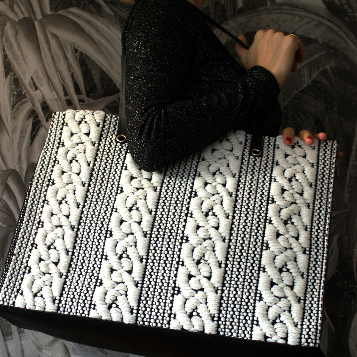 Unique handmade large tote bag black & white Chevrons