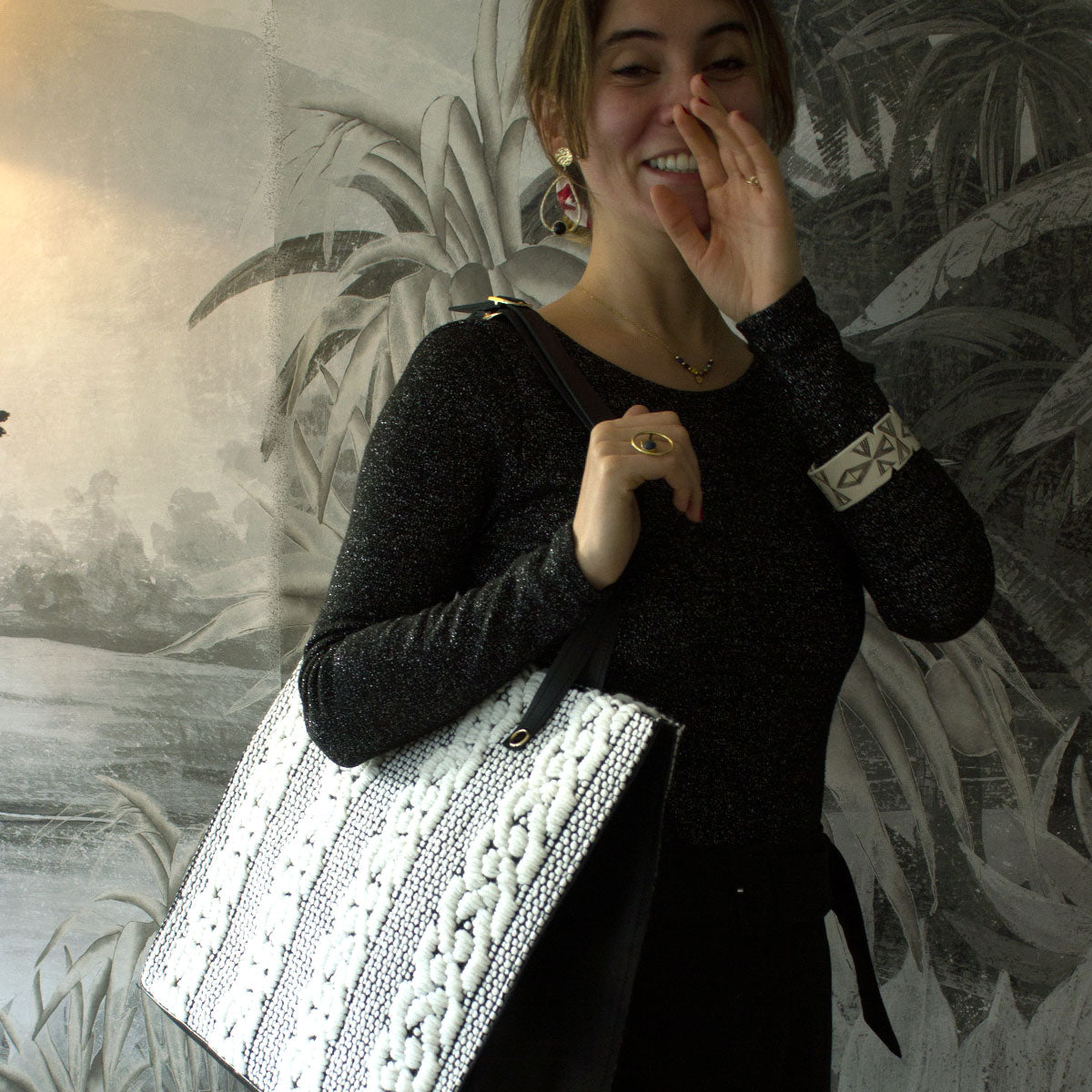 Unique handmade large tote bag black & white Chevrons