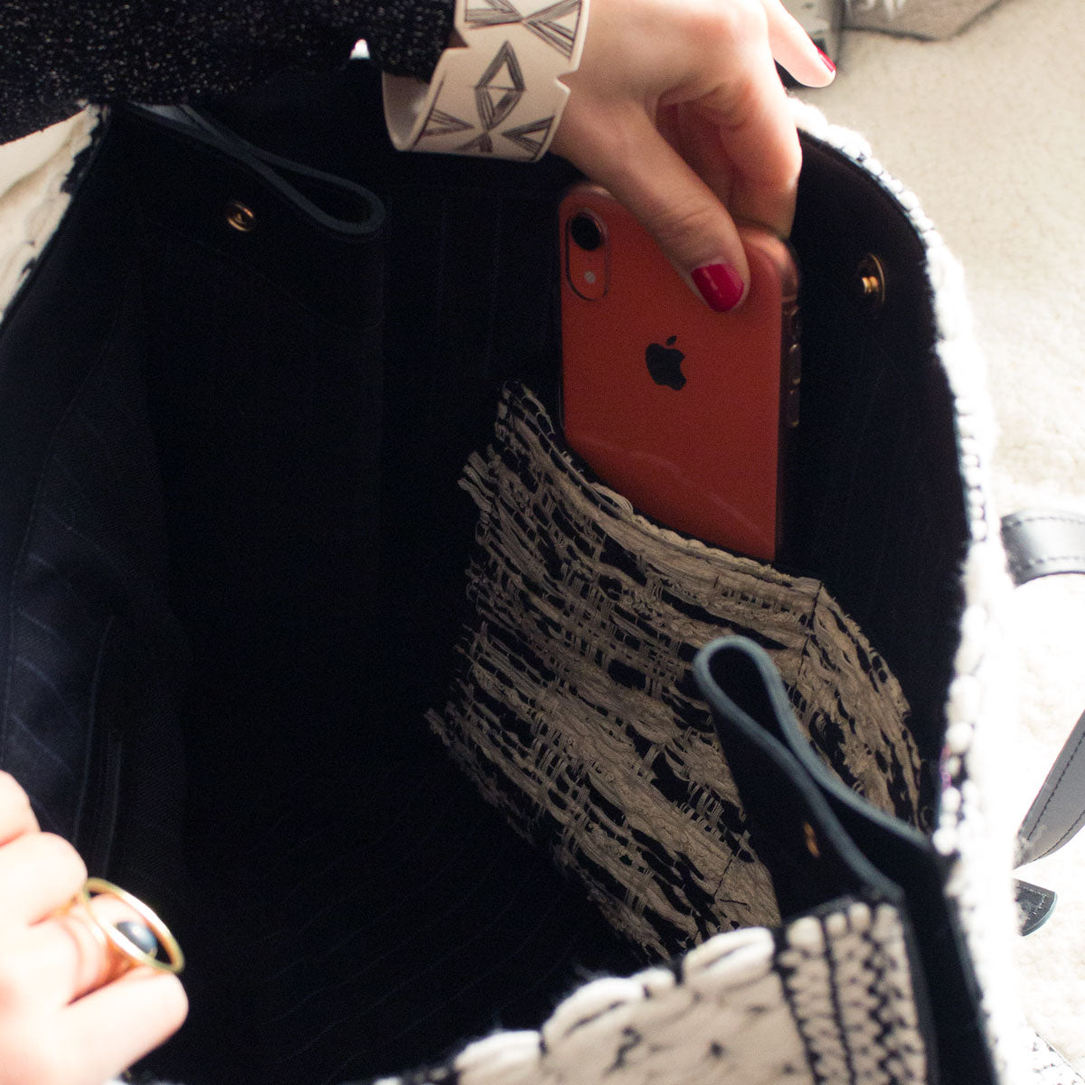 Unique handmade large tote bag black & white Chevrons