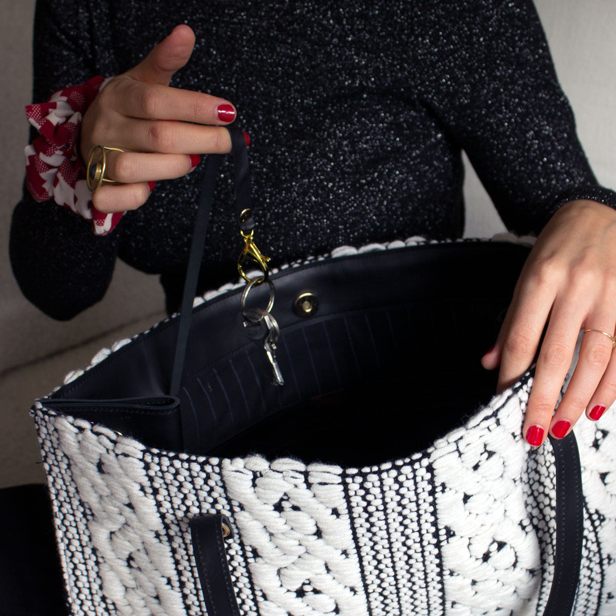 Unique handmade large tote bag black & white Chevrons