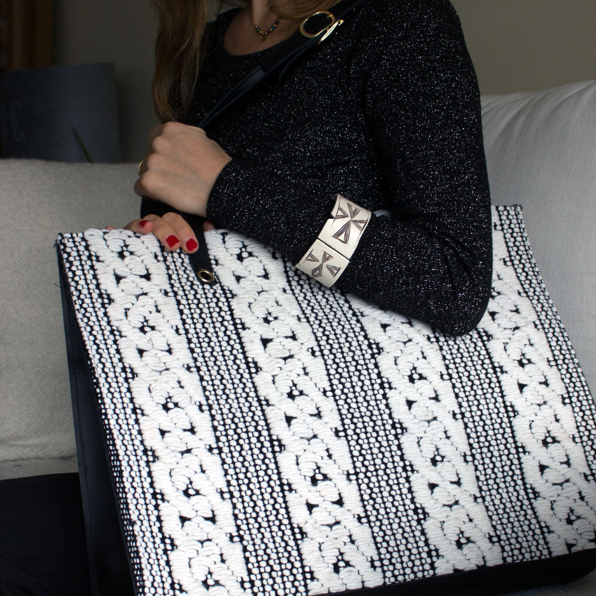 Unique handmade large tote bag black & white Chevrons