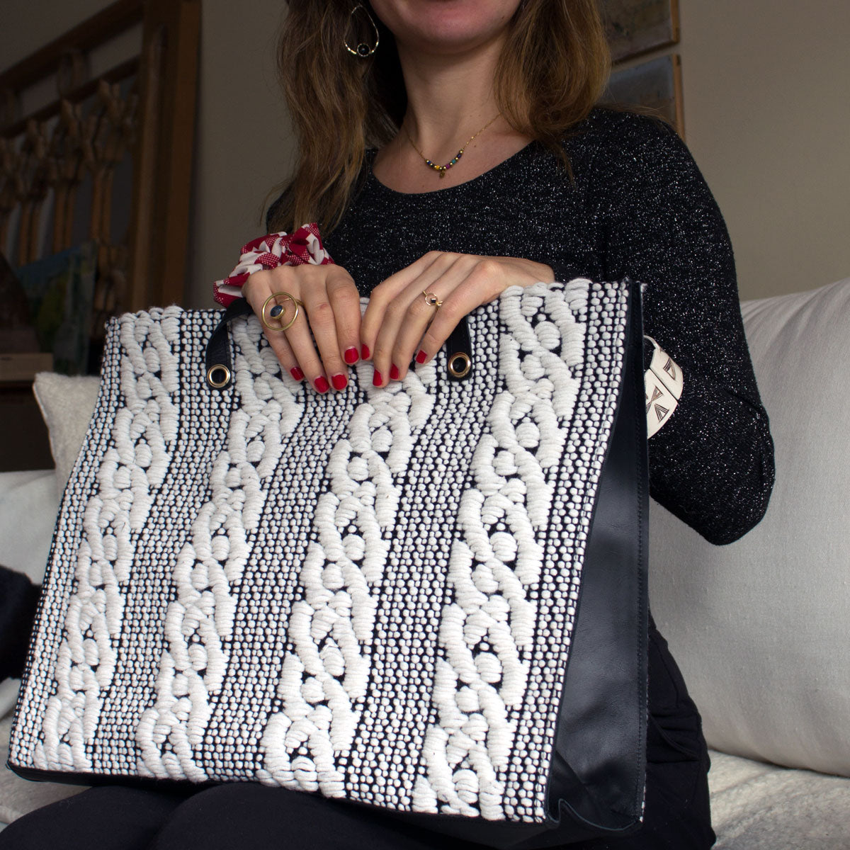 Unique handmade large tote bag black & white Chevrons