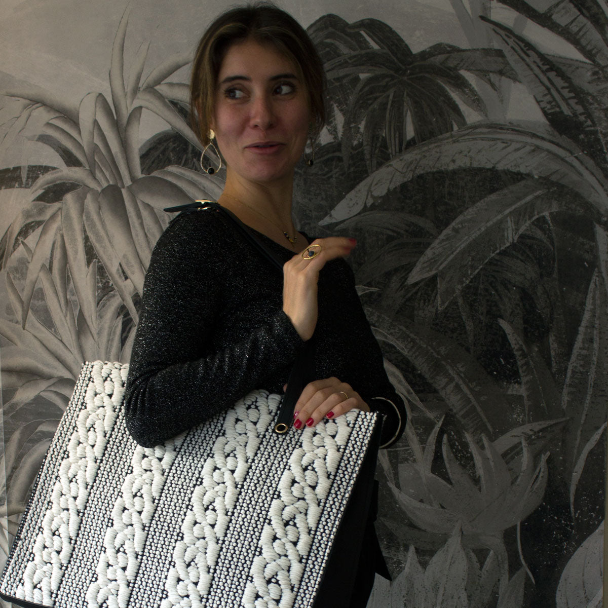 Unique handmade large tote bag black & white Chevrons