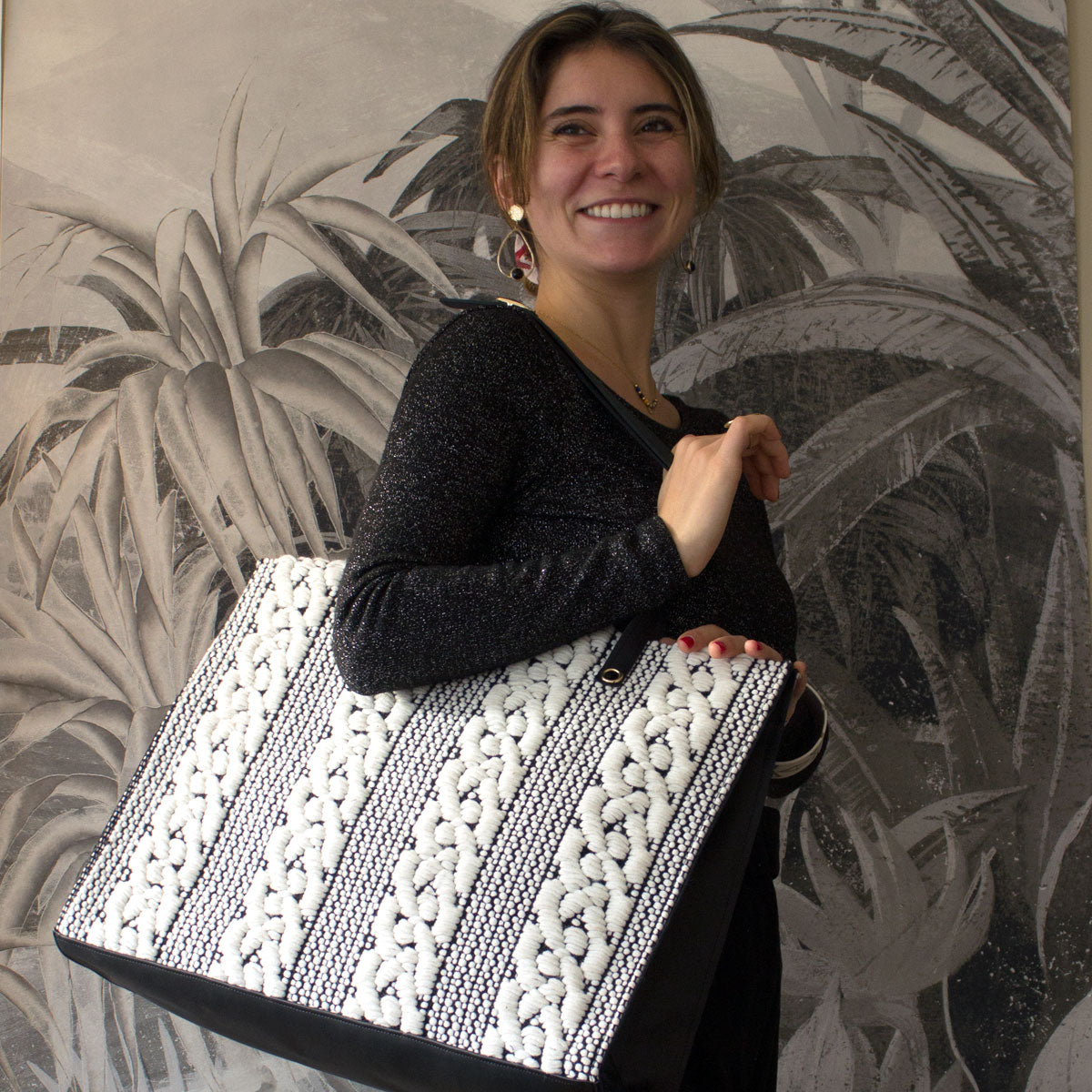 Unique handmade large tote bag black & white Chevrons