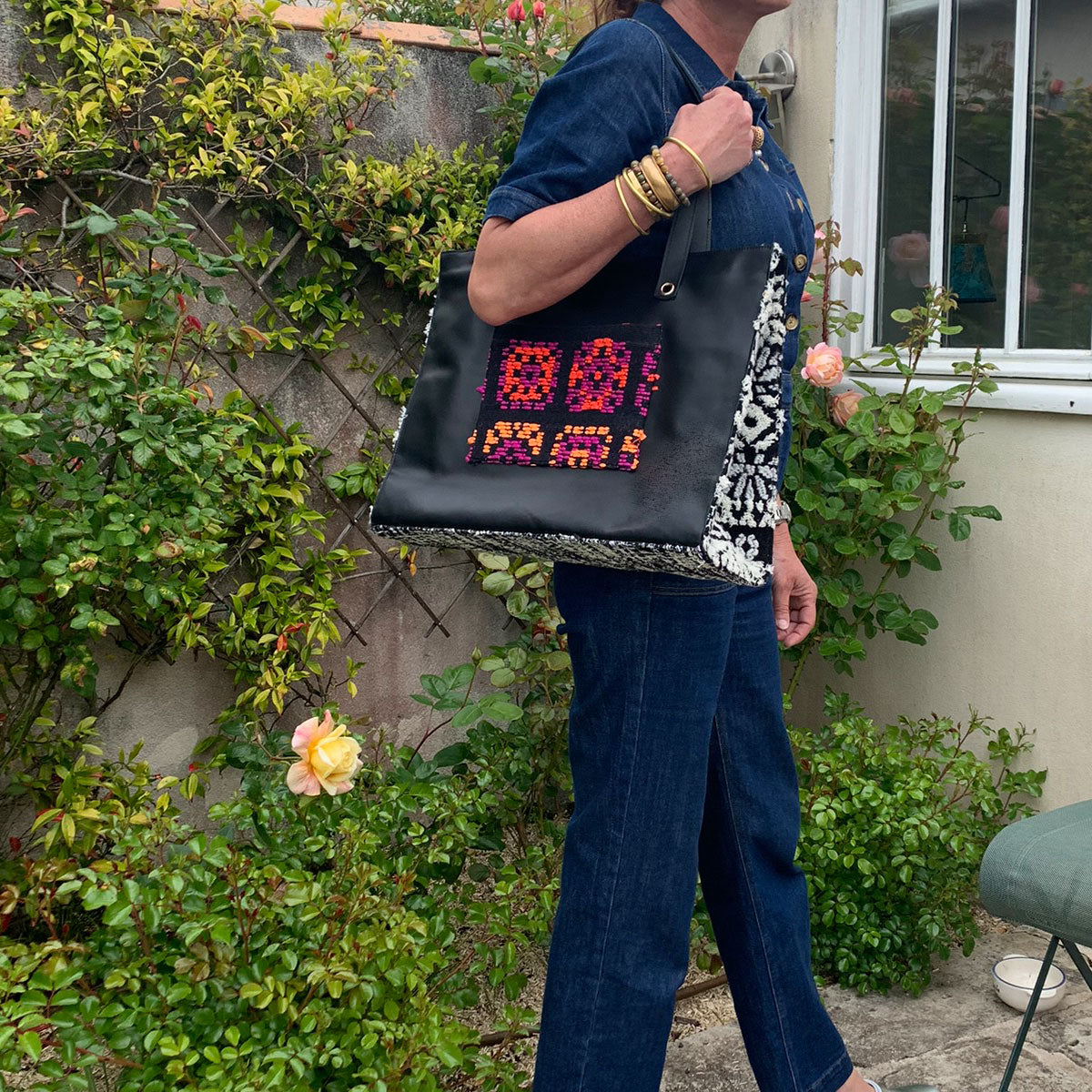Leather and fabric large tote bag Damier