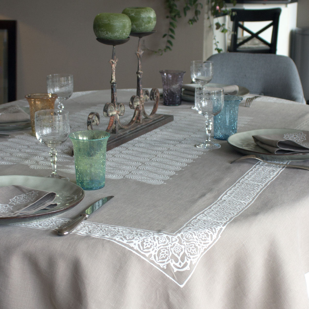 Block print tablecloth 100% linen, taupe