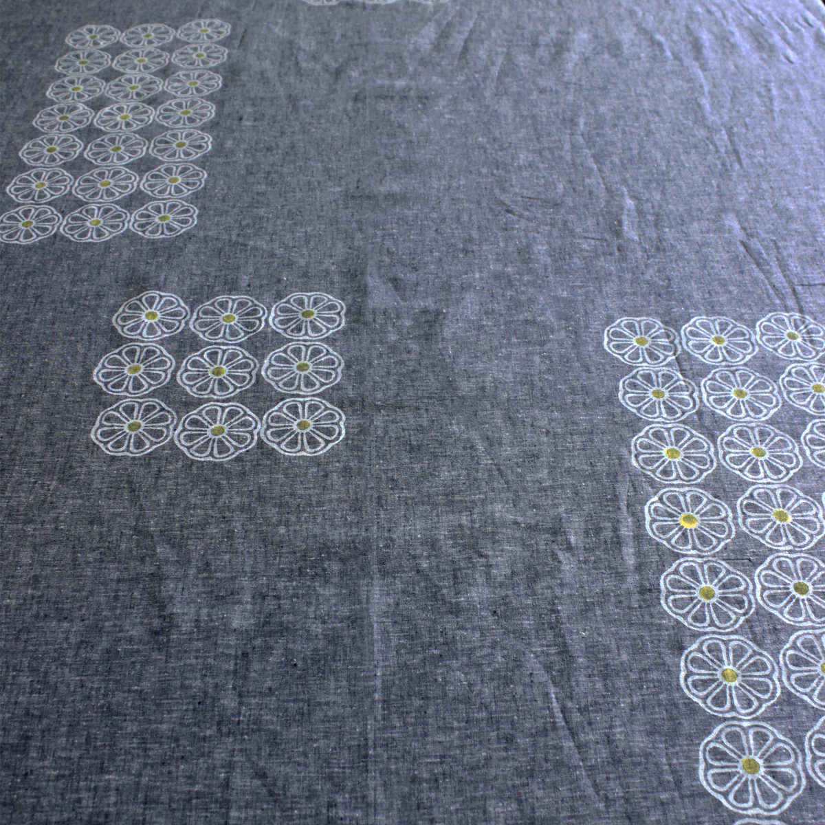 Blue Jean Block Printed Linen Tablecloth.