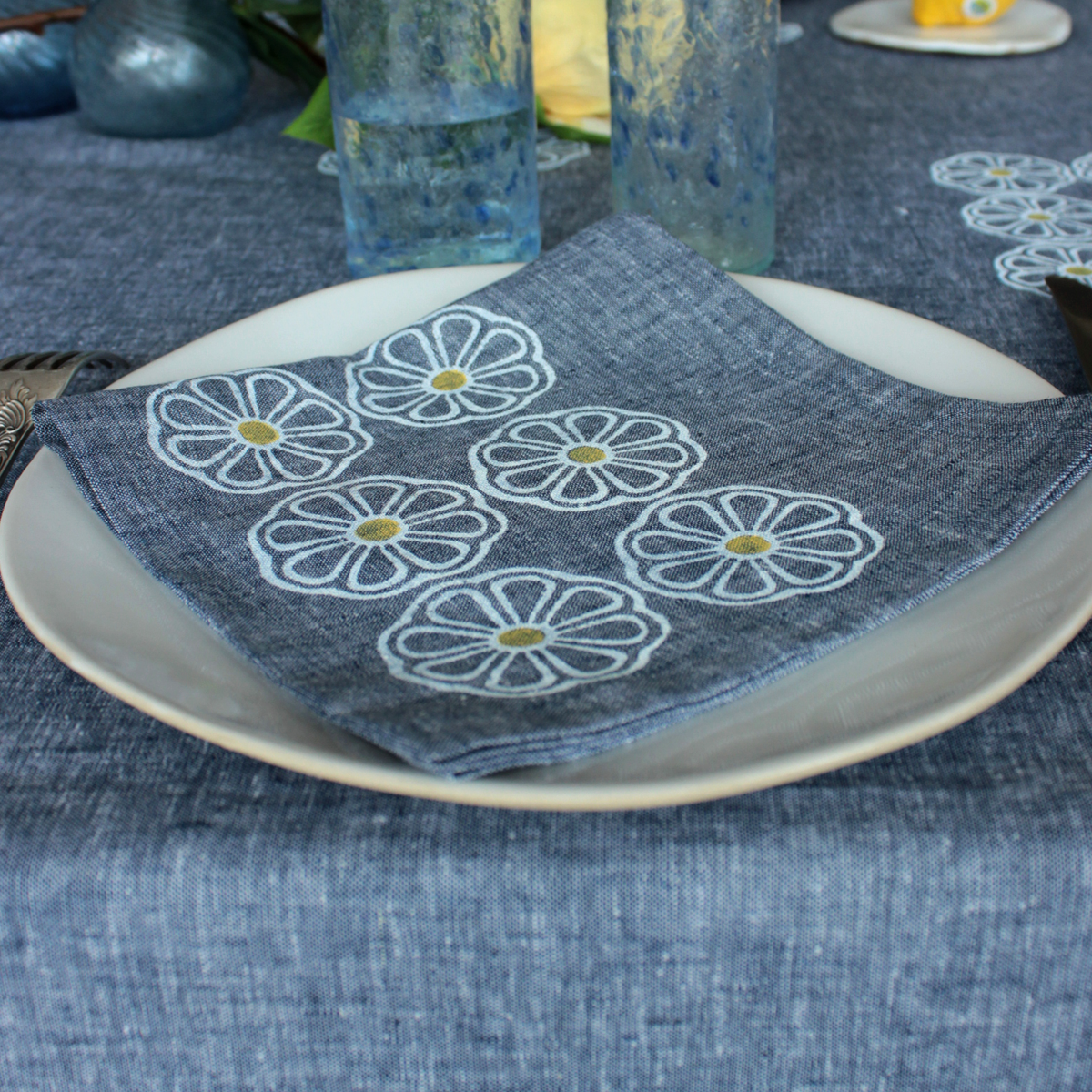 Blue Jean Block Printed Linen Napkins