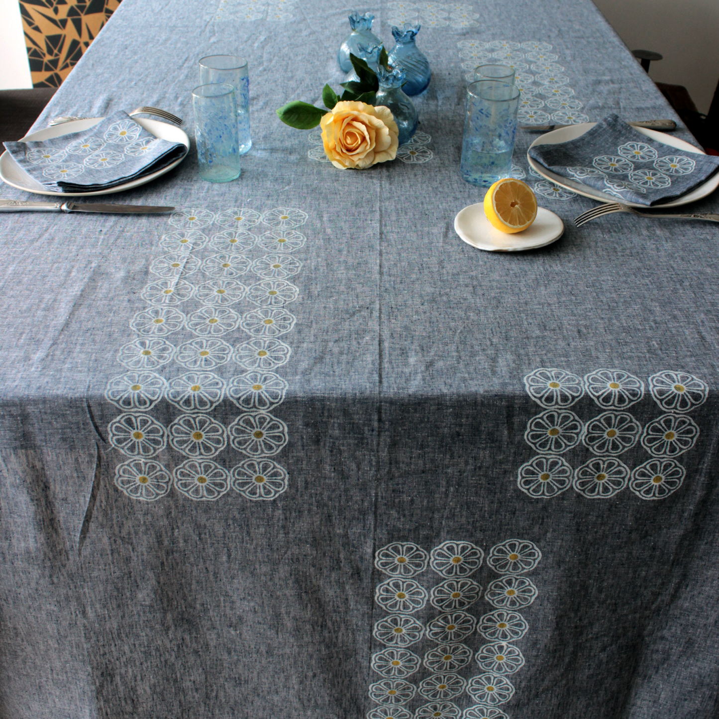 Blue Jean Block Printed Linen Tablecloth.