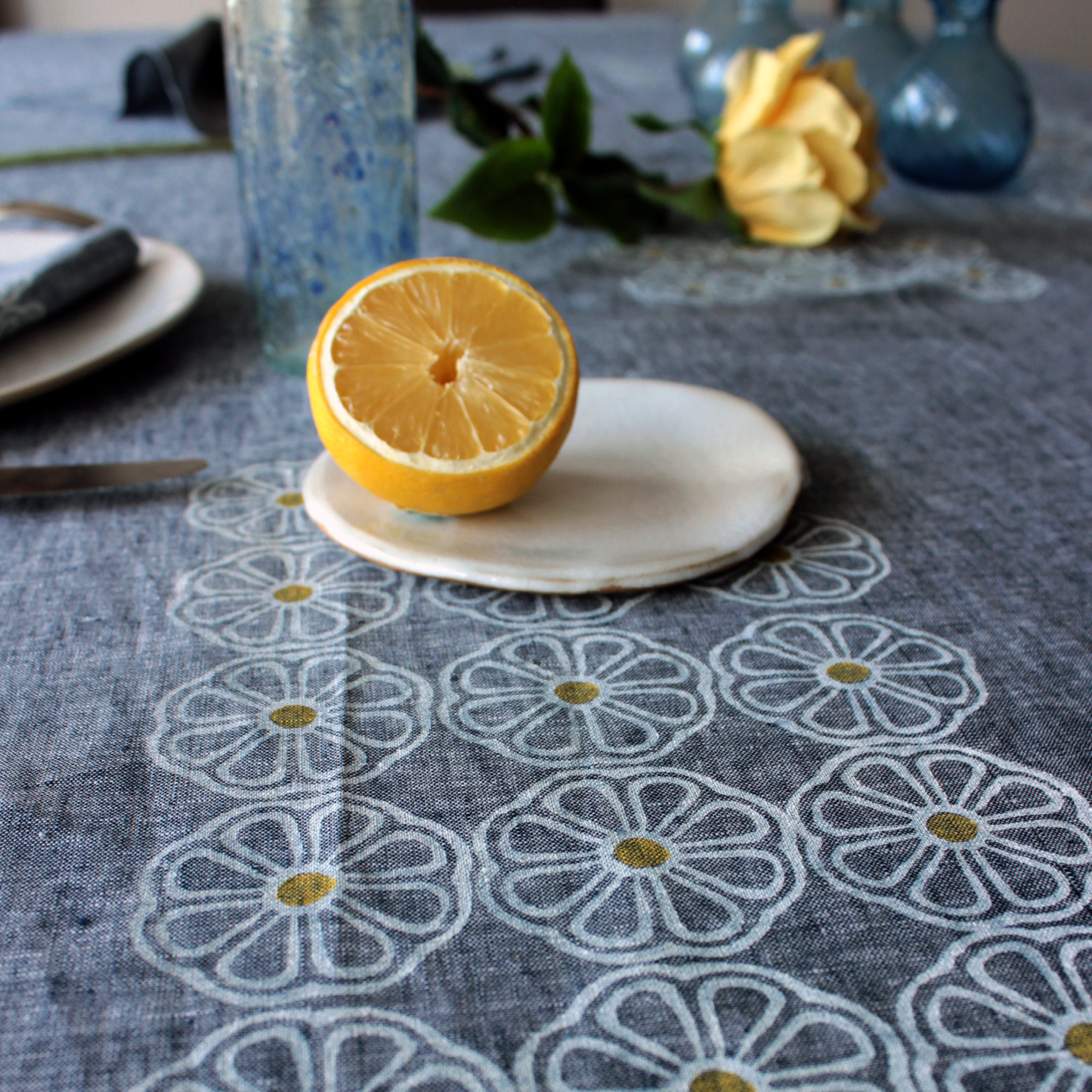 Blue Jean Block Printed Linen Tablecloth.