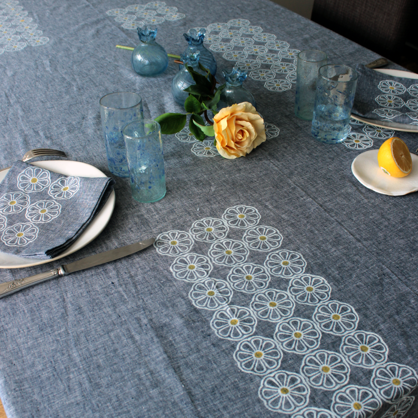 Blue Jean Block Printed Linen Tablecloth.