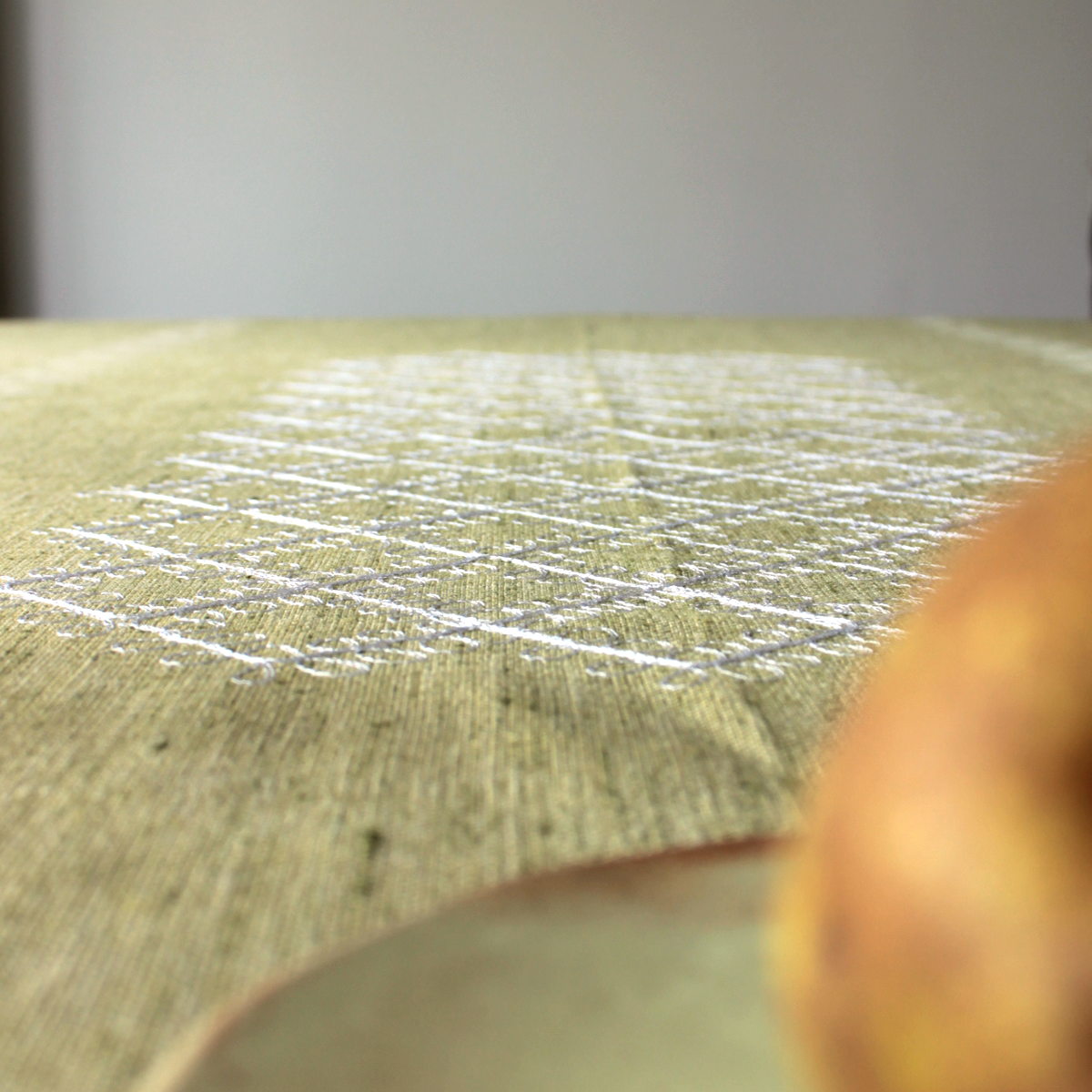 Anis Green Thick Linen Tablecloth - Unique Block Printing and Embroidery Aghabani