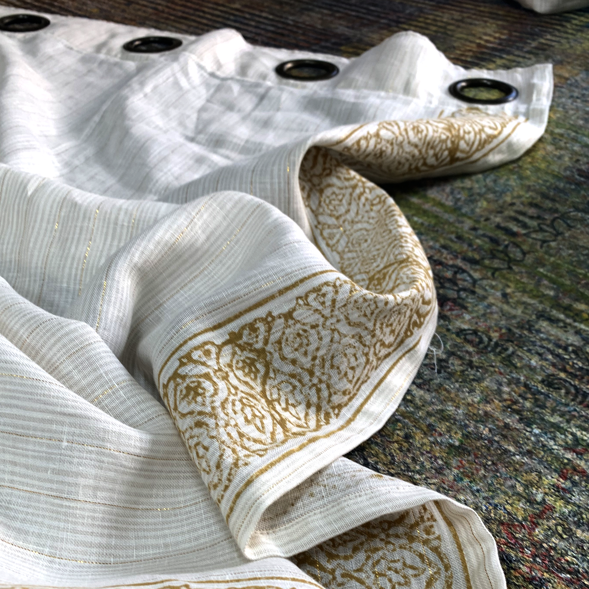 Handmade Block Print Linen Curtains: Ochre Graphic Design on Italian Linen