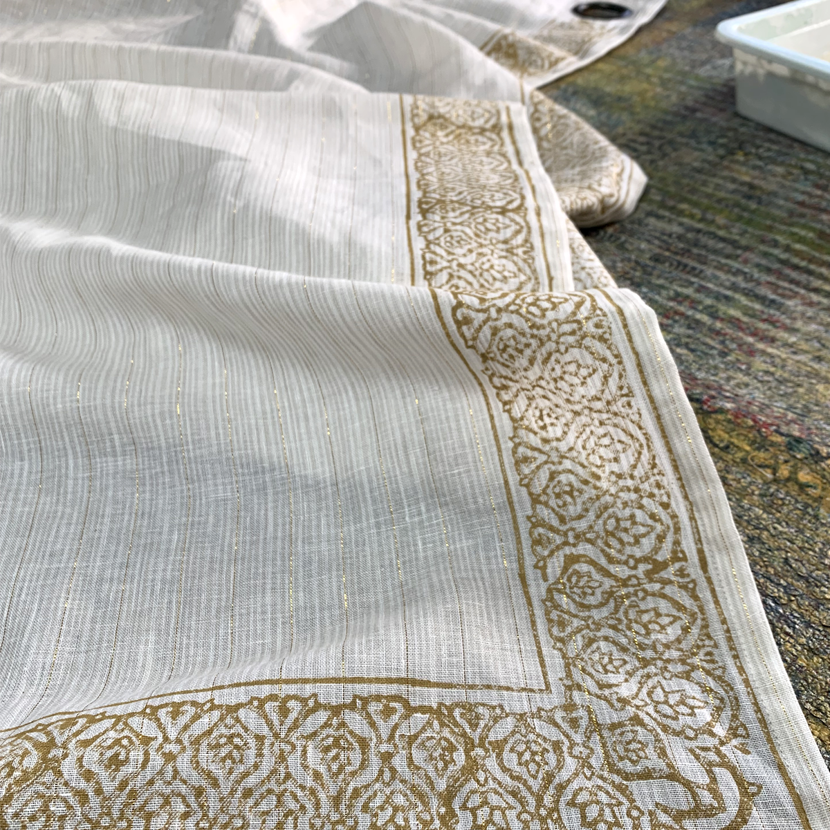 Handmade Block Print Linen Curtains: Ochre Graphic Design on Italian Linen