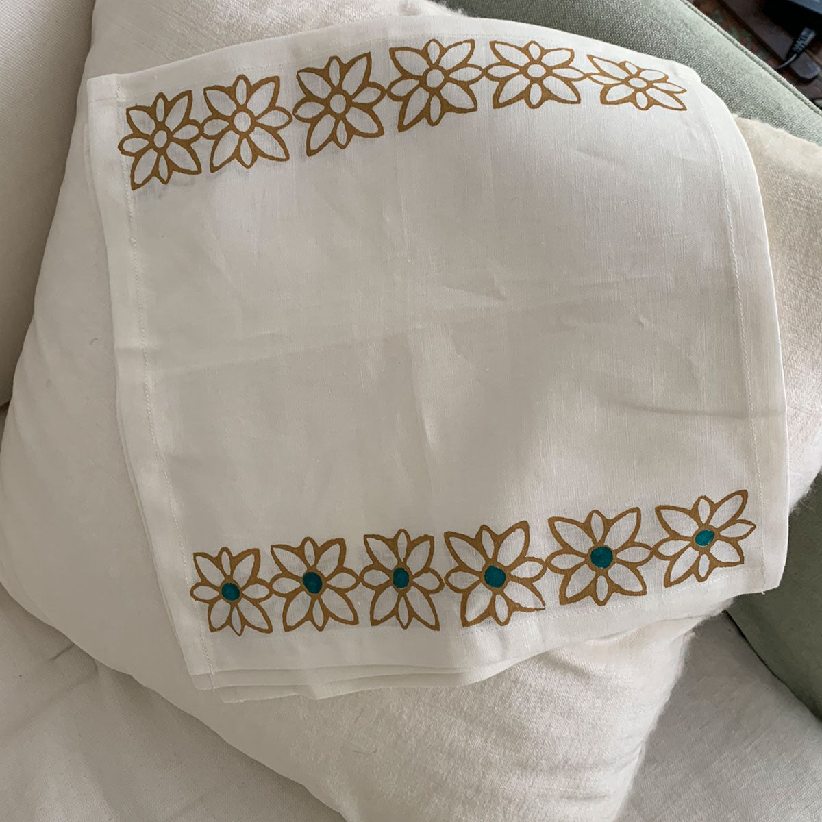 white and ocher block print linen napkins