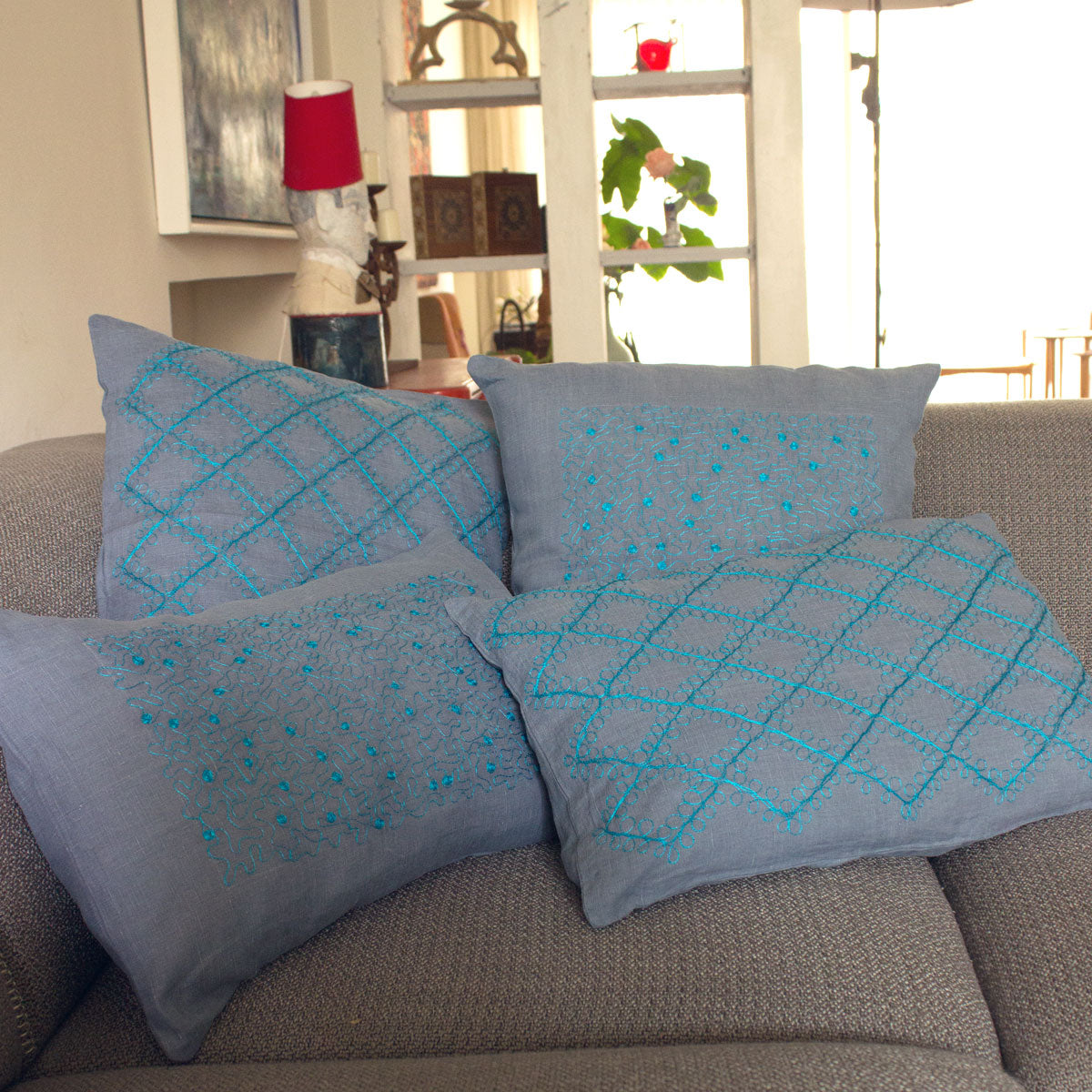 Embroidered Aghabani lumbar linen pillow cover