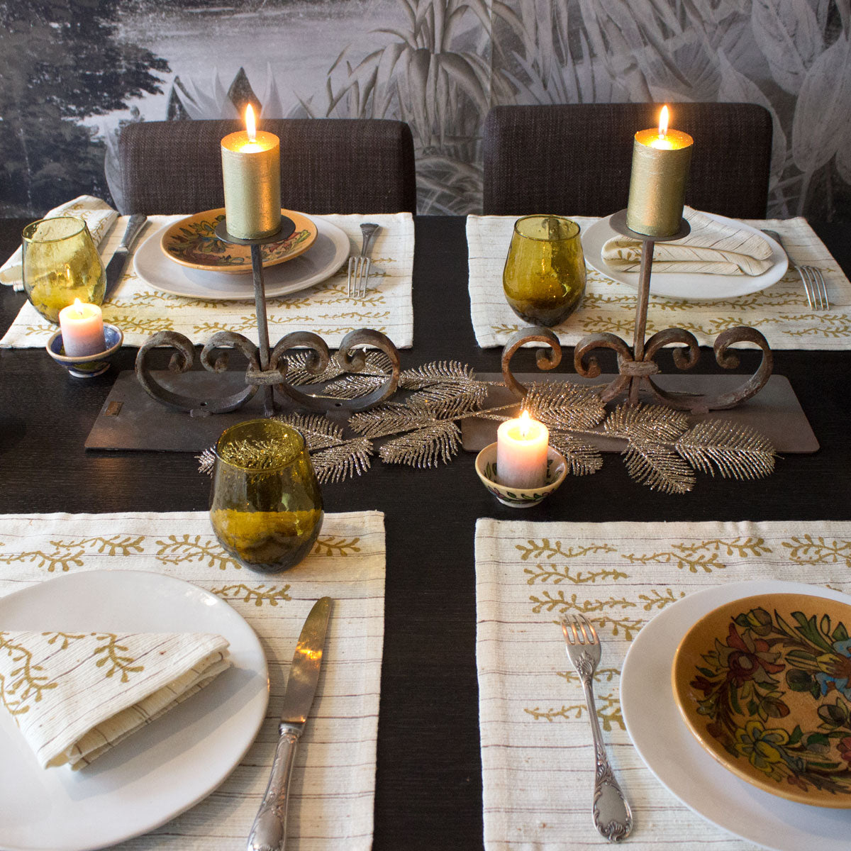Block print linen table mat, Gold Algae