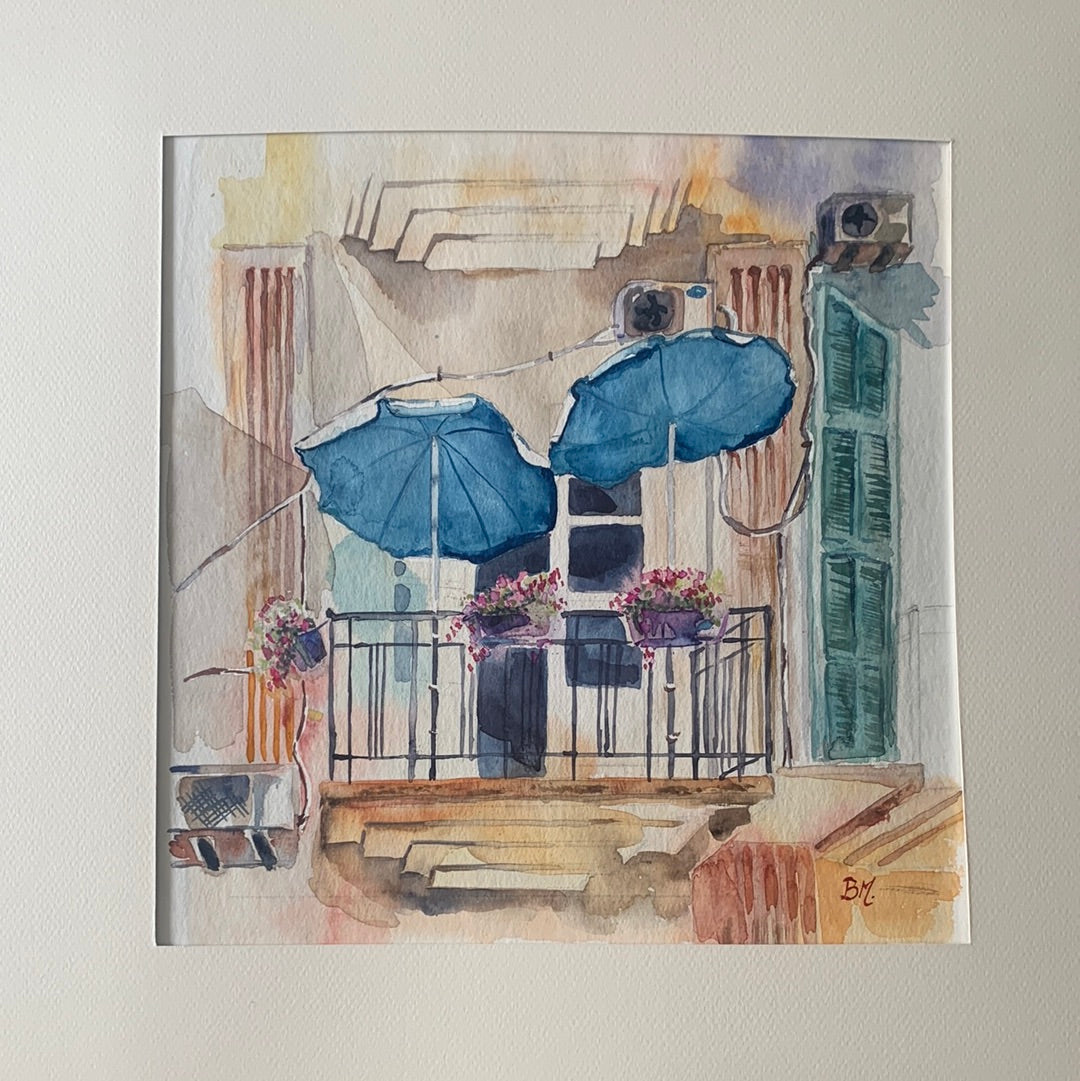 Original Watercolor The Blue Umbrellas 30X30