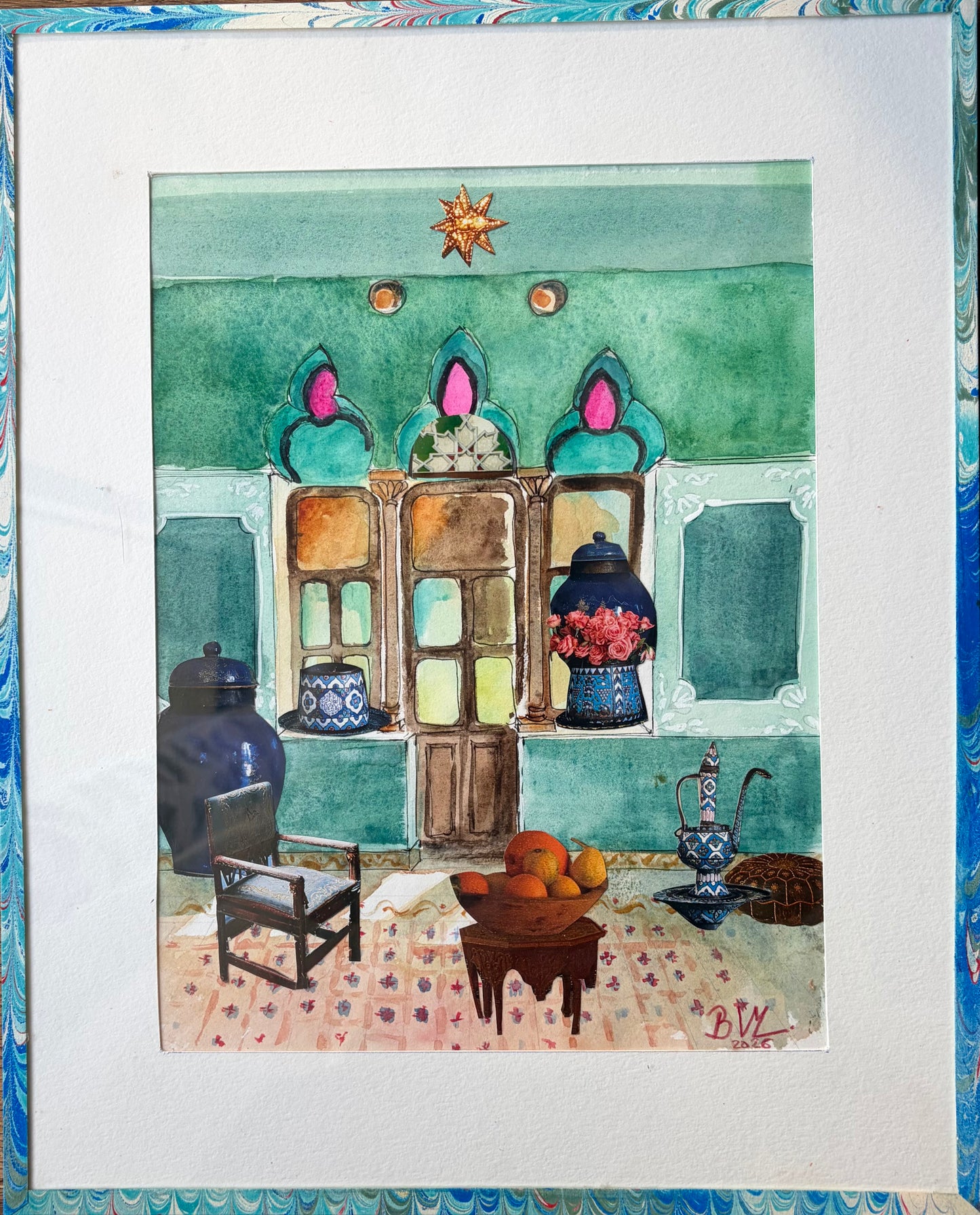 Aquarelle et collage originaux - En rénovation 21 X 27 cm