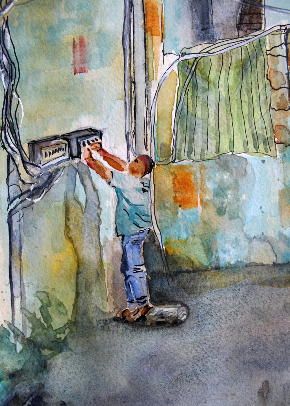 Original Watercolor "Antoun! Kahraba!" 40 X 50