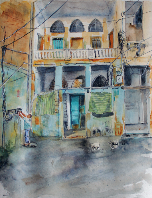 Original Watercolor "Antoun! Kahraba!" 40 X 50