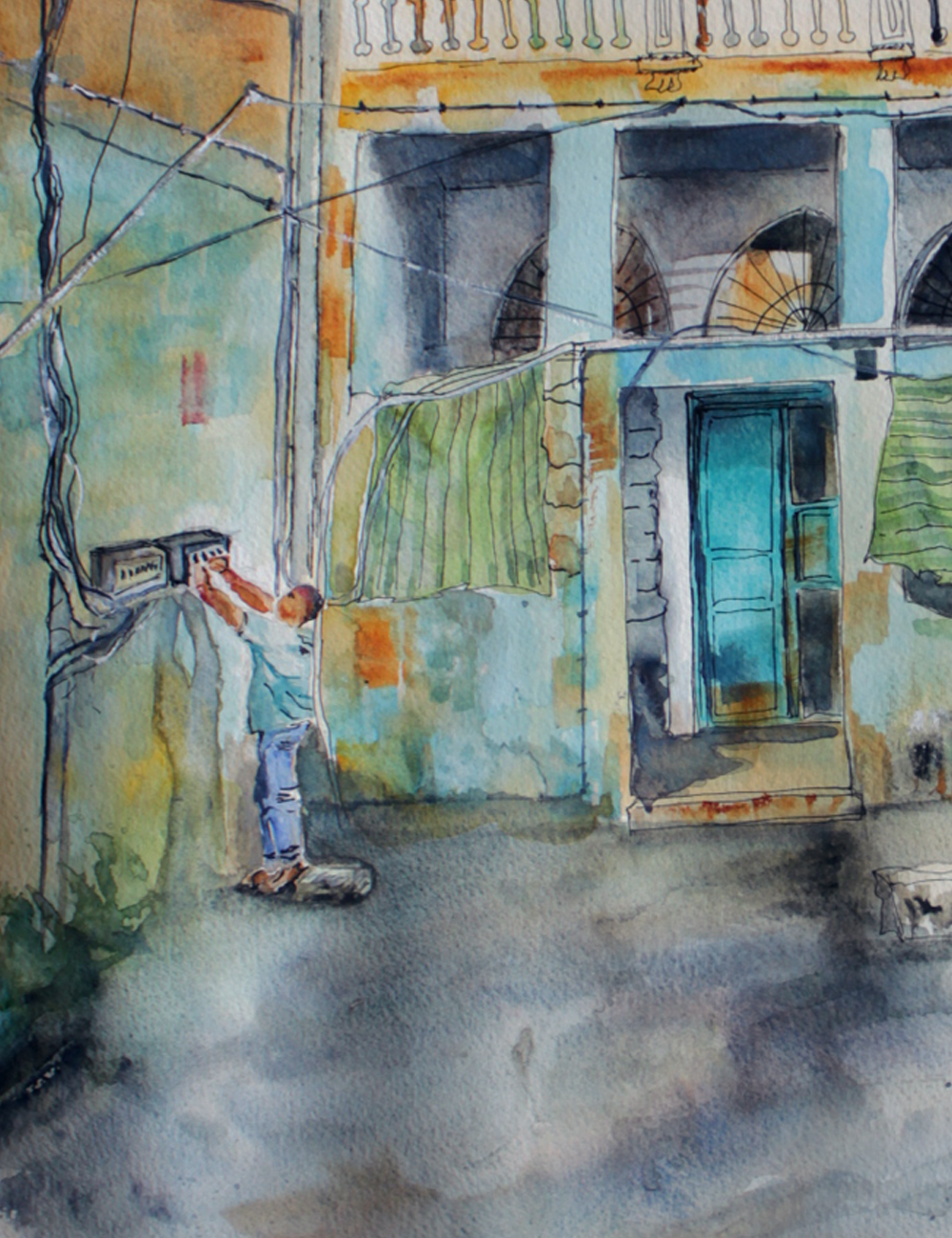 Watercolor painting of a person walking on a street with colorful buildings.