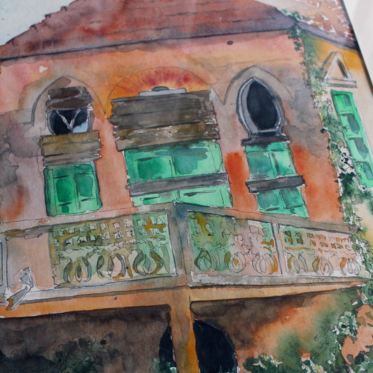 Original Watercolor Beitna, Our House 27X37