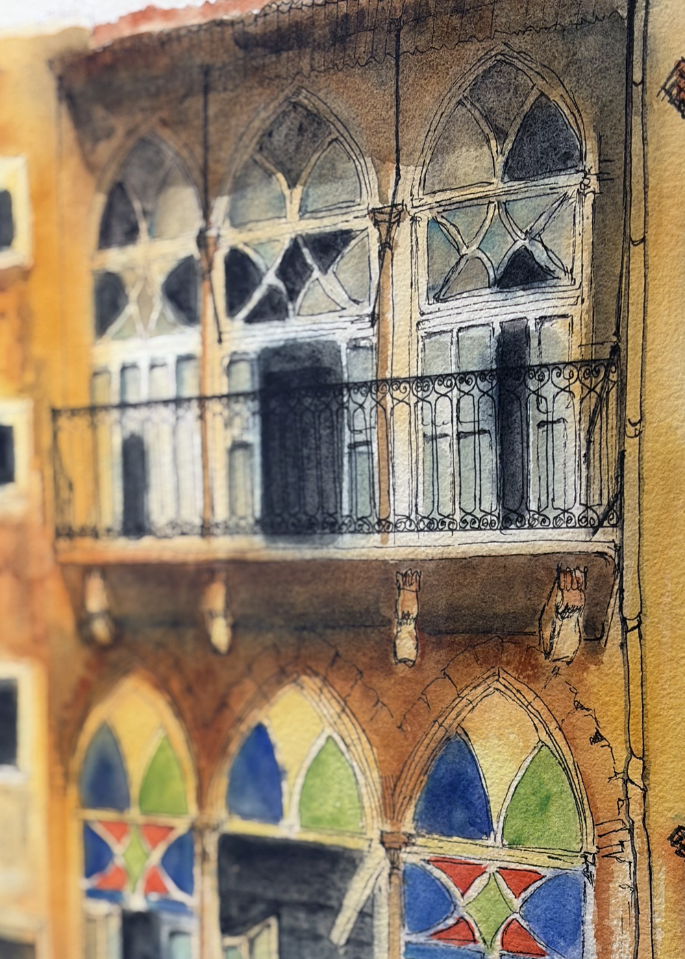 Artistic depiction of a building with gothic architecture and colorful stained glass windows.